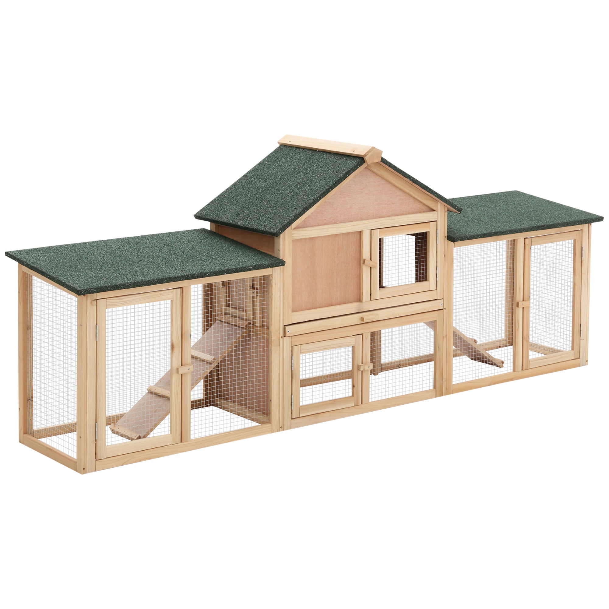 PawHut Large Rabbit Hutch Wood Bunny Cage Outdoor Guinea Pig House with Double Runs Slide Out Tray Ramps, 83"x18"x33", Natural
