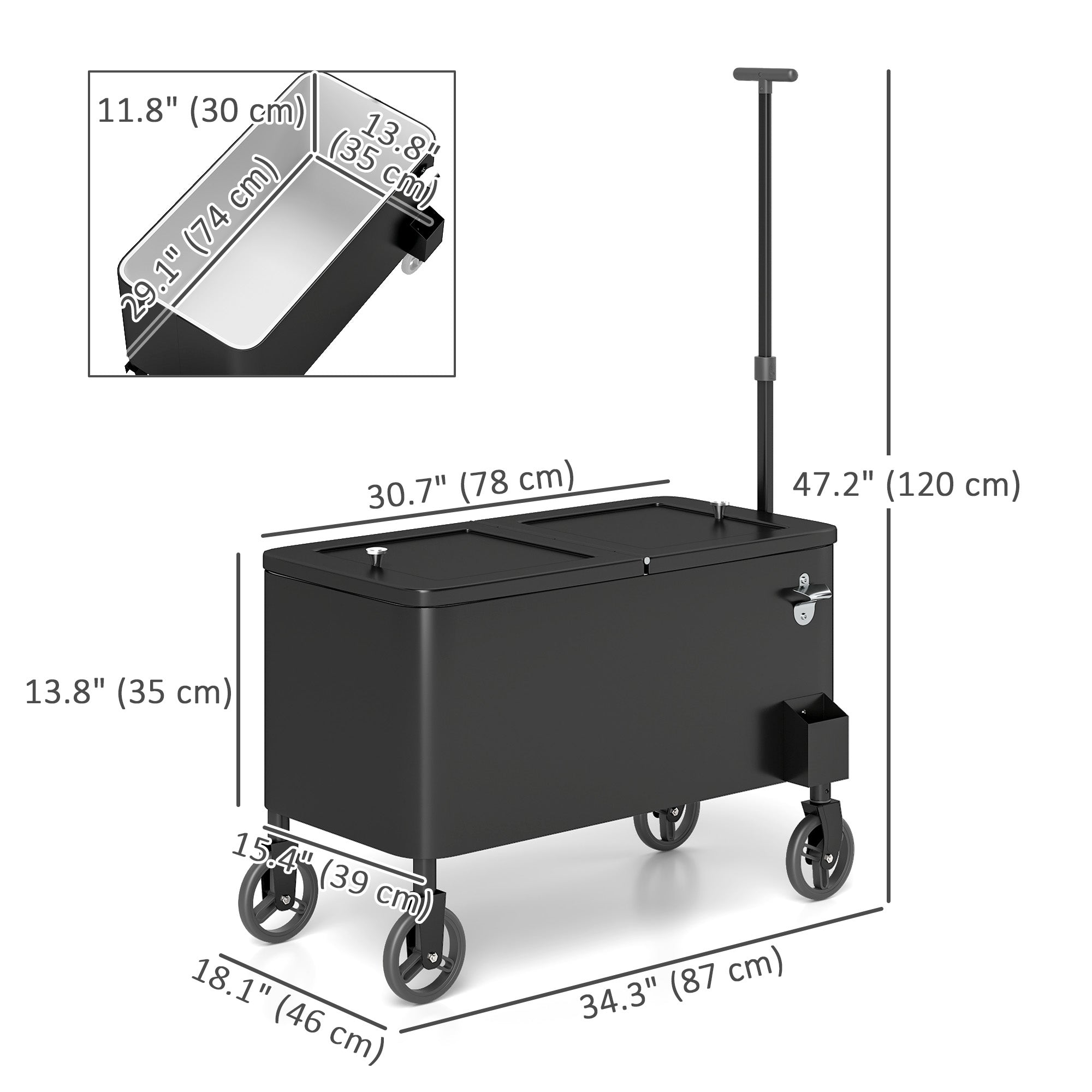 Outsunny 80-Qt Outdoor Patio Cooler Cart, Rolling Ice Chest with Adjustable Handle, Wheels, Bottle Opener, Drainage, Outdoor Beverage Cooler Bar Cart for Party BBQ Camping, Black