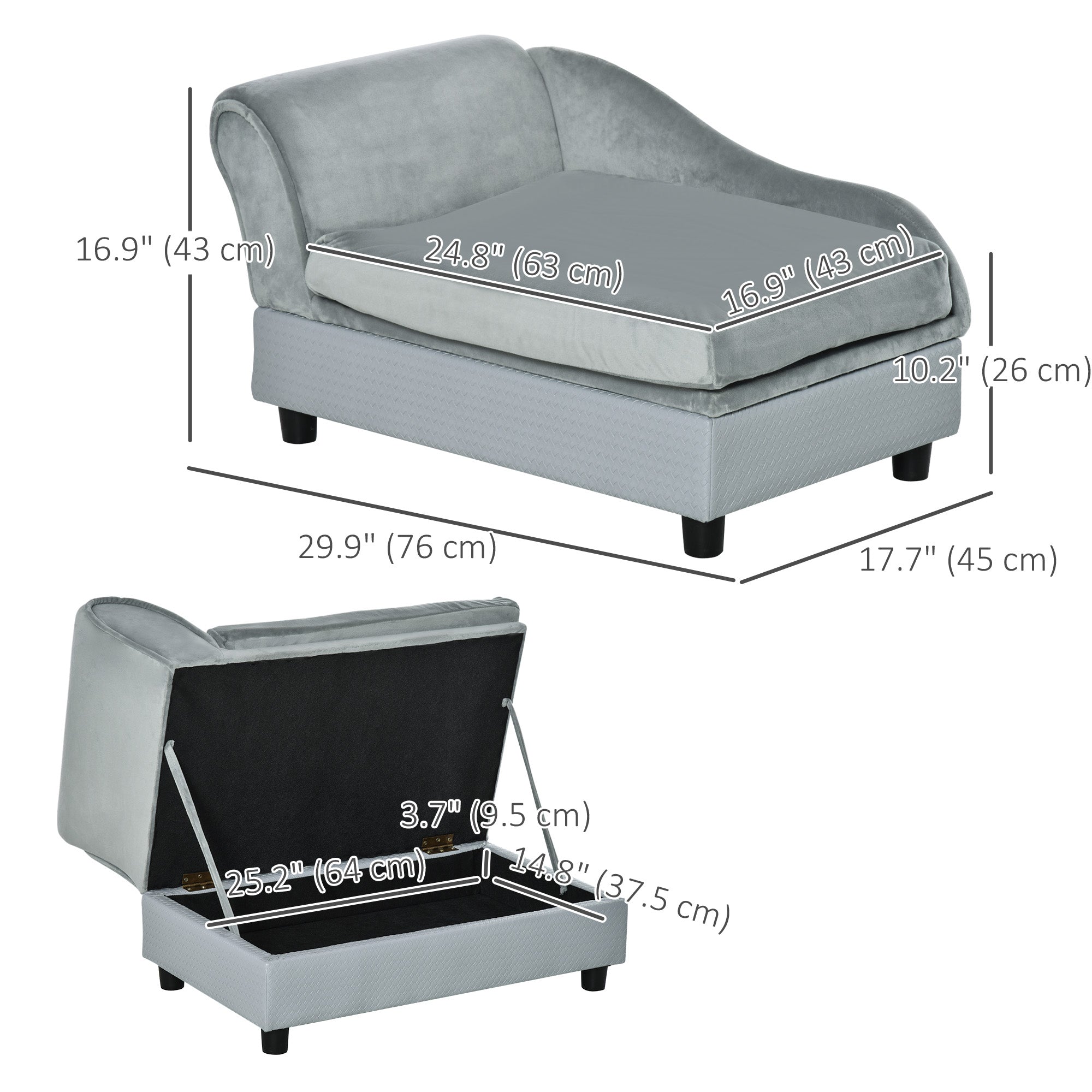 PawHut Pet Sofa Dog Couch Chaise Lounge Pet Bed with Storage Function Small Sized Dog Various Cat Sponge Cushioned Bed Lounge, Light Grey