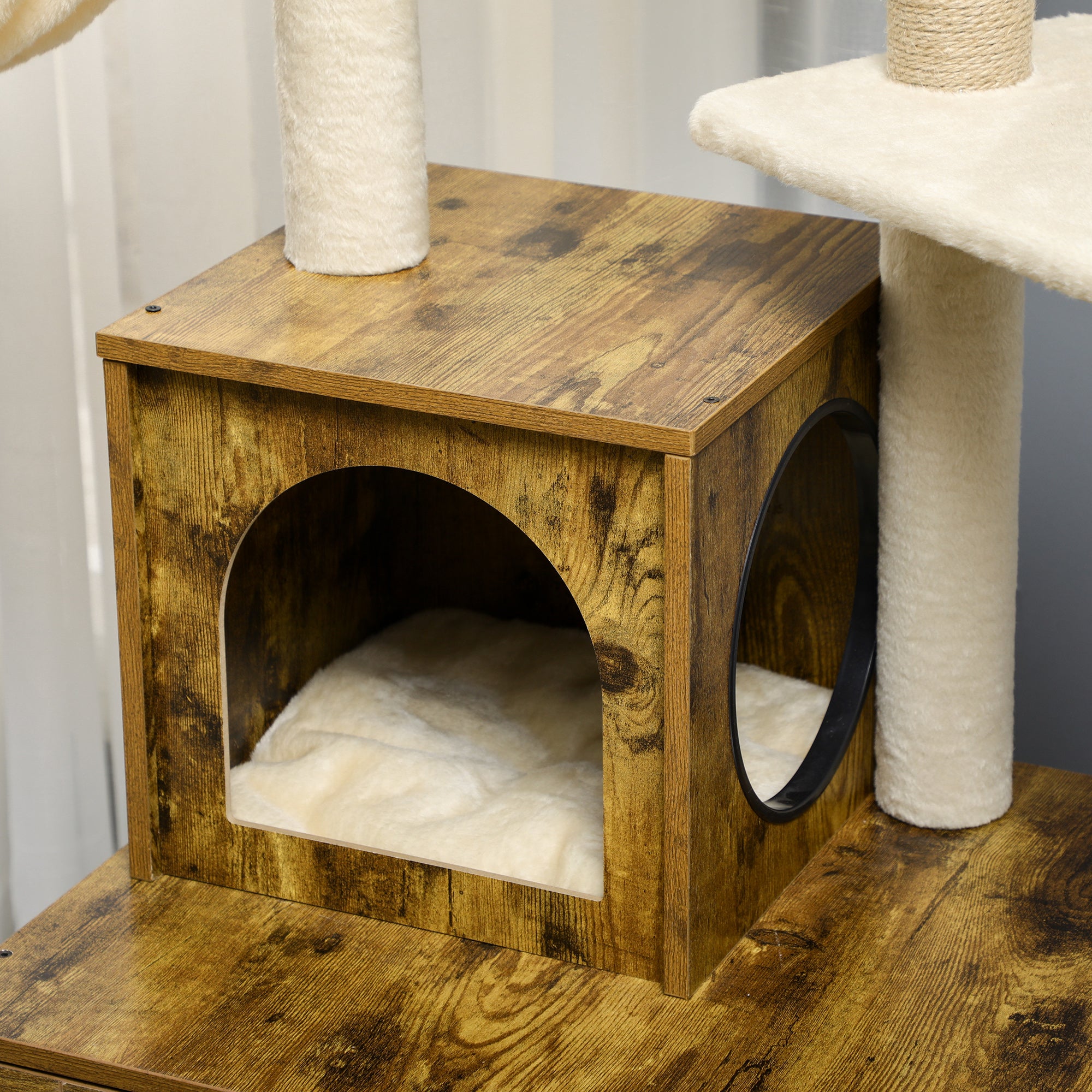PawHut Litter Box Enclosure with Cat Tree Tower, Hidden Cat Washroom Furniture with Condo, Scratching Posts, Large Platform, Hammock and Soft Cushion, Rustic Brown