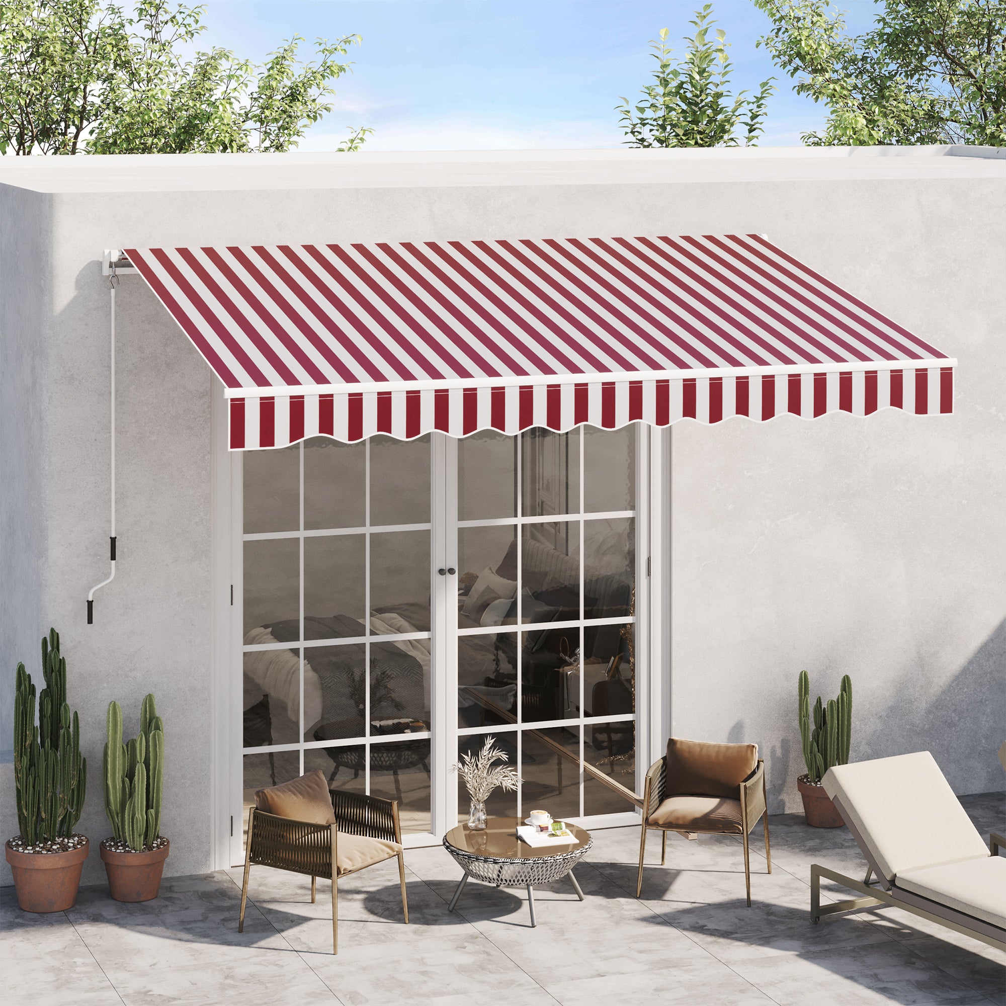 Outsunny 10' x 8' Manual Retractable Awning, Sun Shade Shelter Canopy, with Aluminum Frame and UV Protection for Patio Deck Yard Window Door, Wine Red and White Stripe