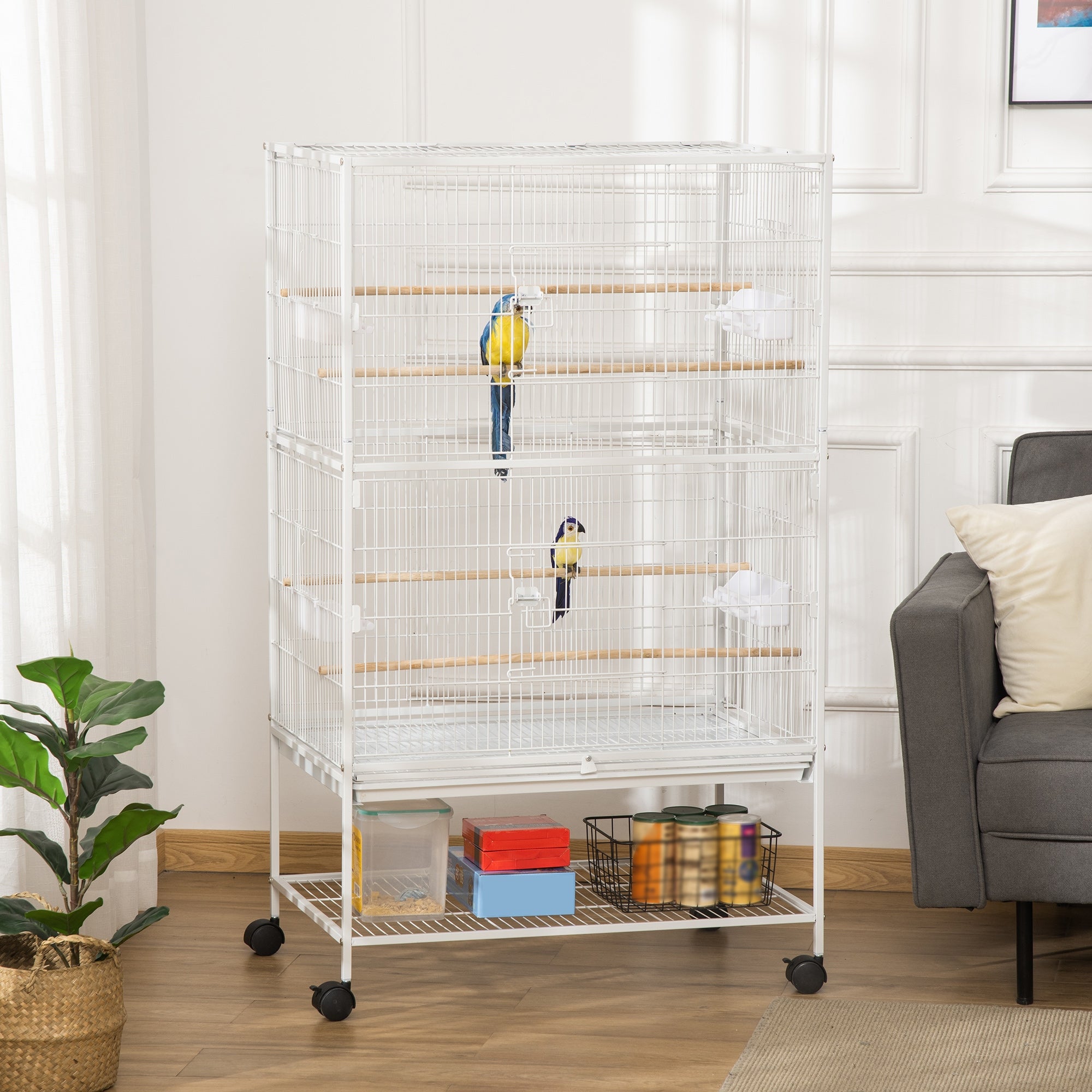 PawHut 52" Large Rolling Steel Bird Cage Bird House with Rolling Stand, Storage Shelf, Wood Perch, Food Container, White