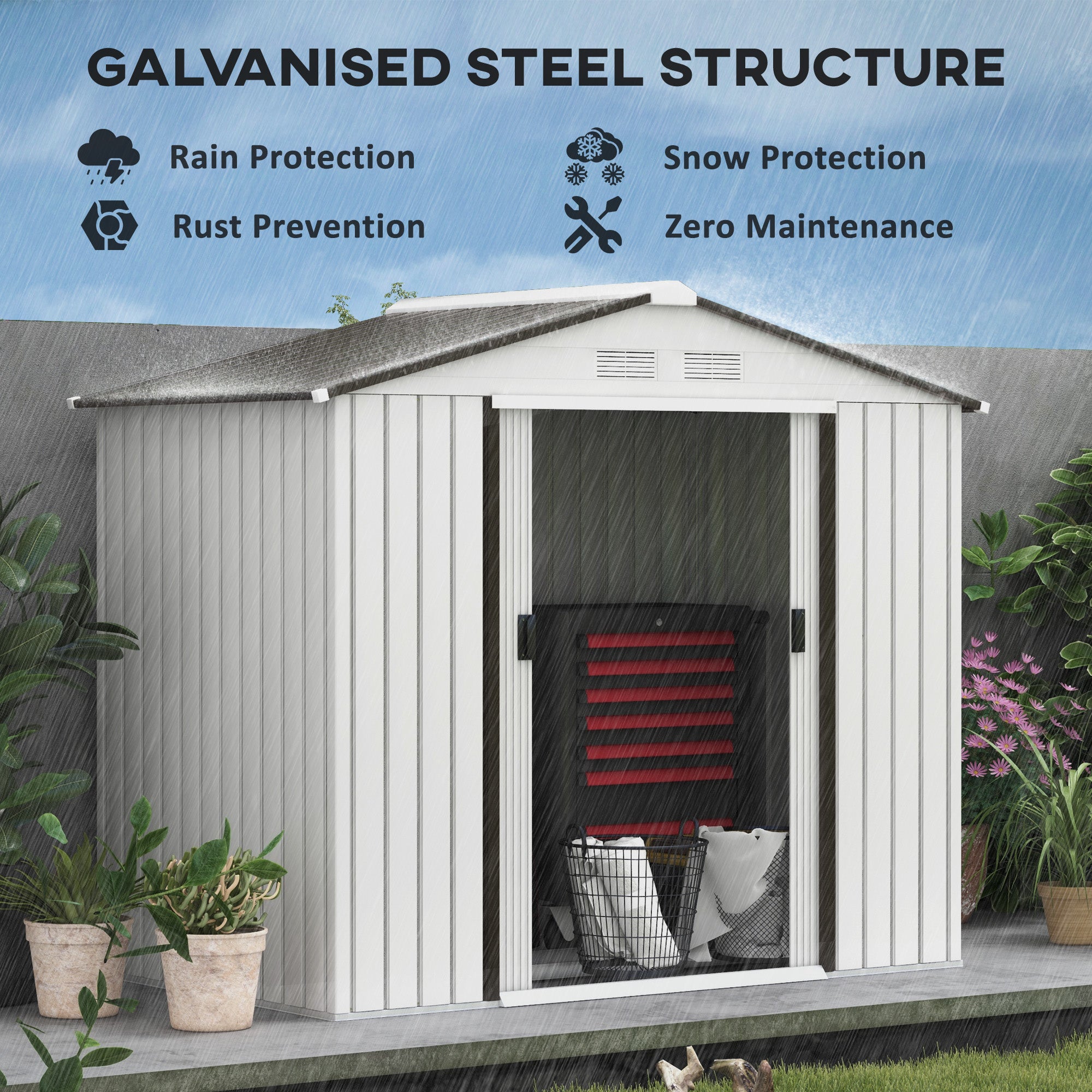 Outsunny 7' x 4' x 6' Garden Storage Shed Outdoor Patio Metal Tool Storage House w/ Foundation Kit and Double Doors Silver