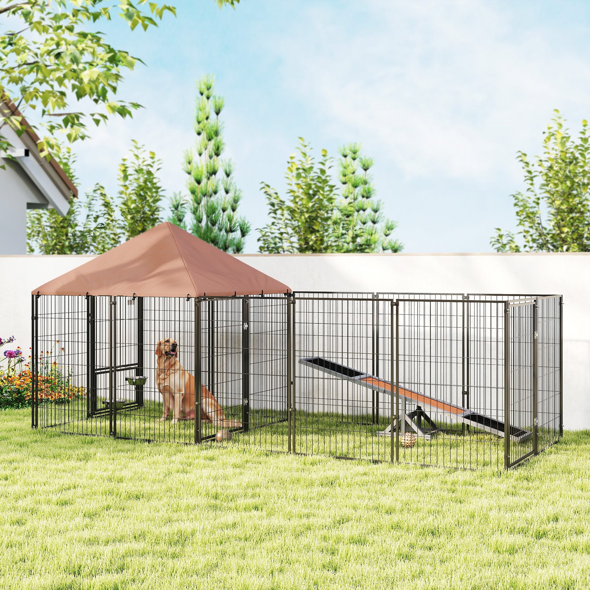 PawHut Outdoor Dog Kennel with Rotating and Adjustable Height Bowls, Waterproof UV-Resistant Cover, 11.3' x 4.7' x 5.1'
