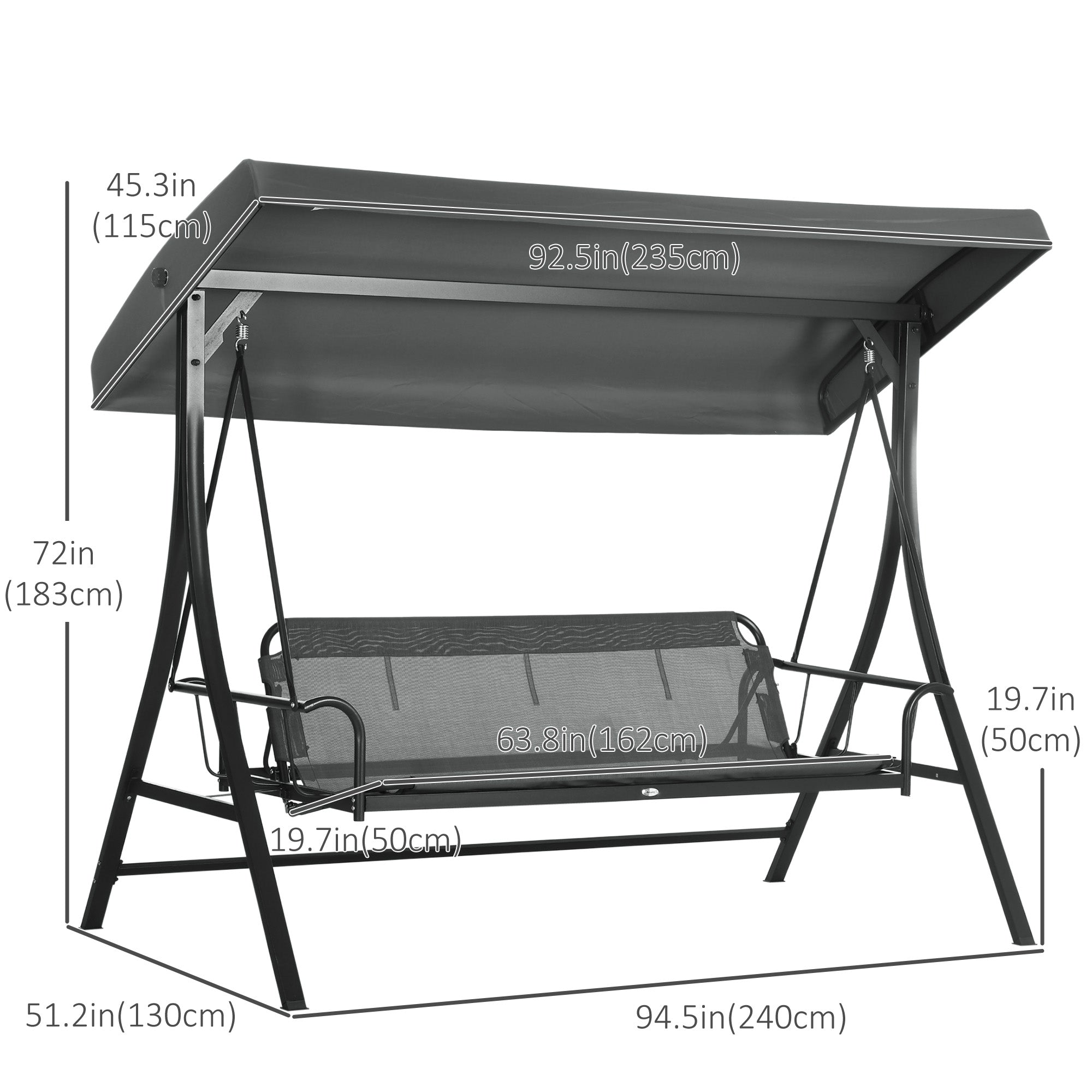 Outsunny 3 Person Porch Swing Bench with Adjustable Canopy, Cushions, Pillows for Porch and Backyard, Dark Grey