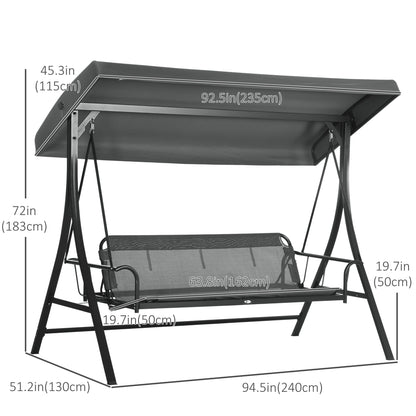 Outsunny 3 Person Porch Swing Bench with Adjustable Canopy, Cushions, Pillows for Porch and Backyard, Dark Grey