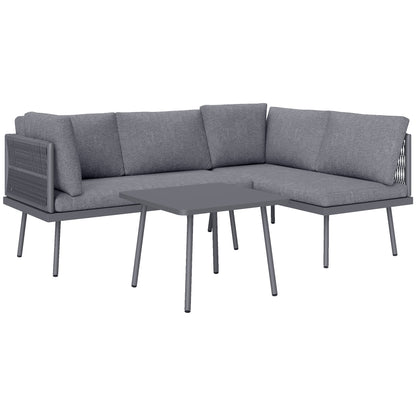 Outsunny 3 Pieces Outdoor Furniture Set, L Shaped Wicker Patio Furniture Conversation Set with Cushions, Steel Table, Grey