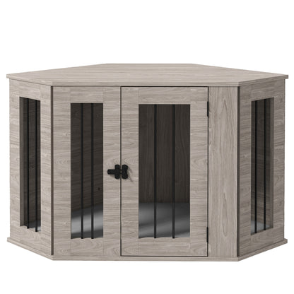 PawHut Dog Crate Furniture with Cushion, 41 Inch Corner Design Dog Crate End Table for Medium Dogs, Grey