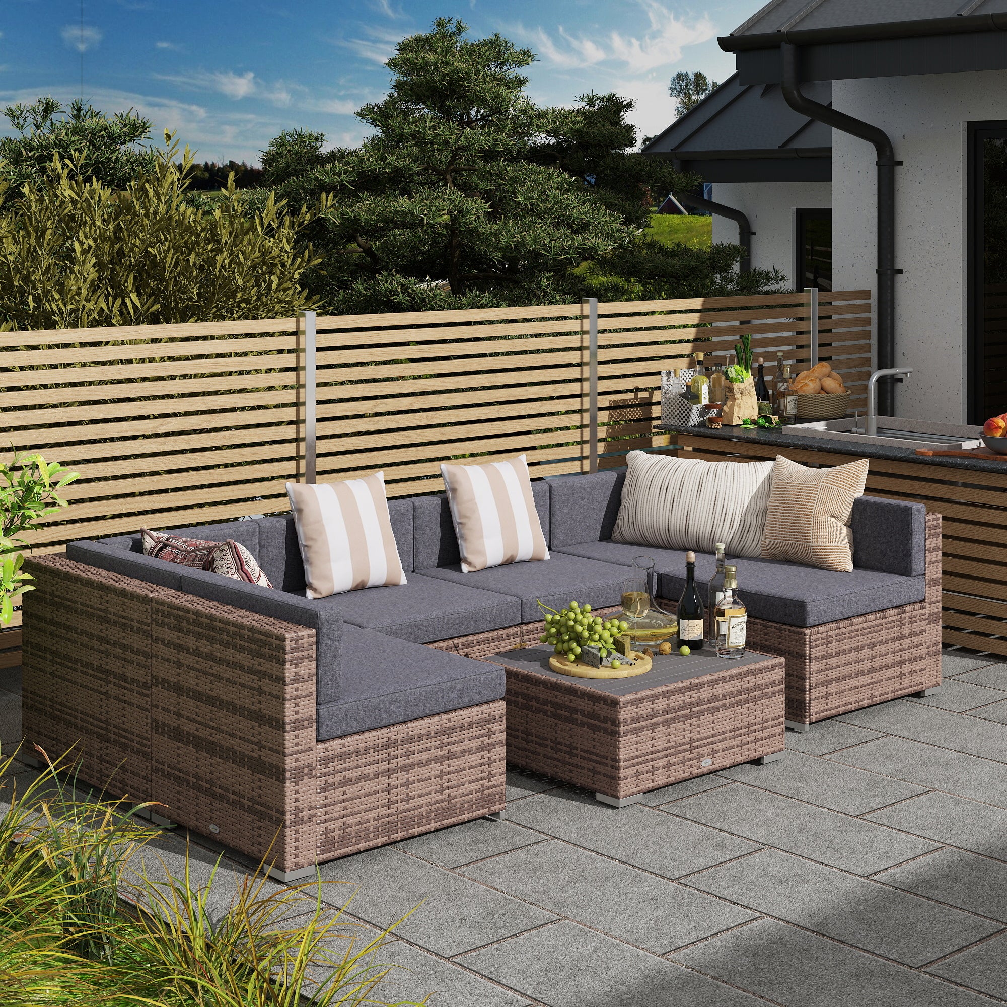 Outsunny 7-Piece Patio Furniture Sets Outdoor Wicker Conversation Sets All Weather PE Rattan Sectional Sofa, Grey