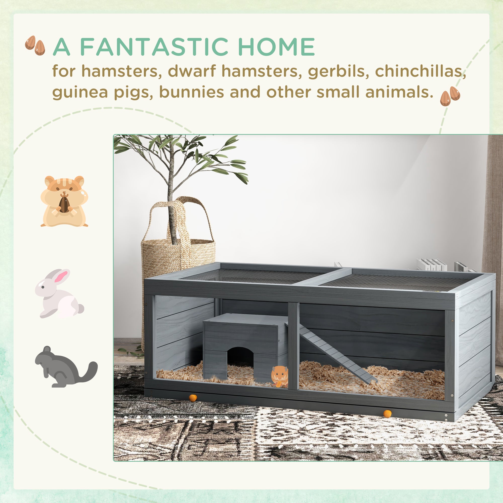PawHut Small Animals Kit Hutch w/ Sliding Tray, Exercise Play House for Dwarf Hamsters, Gerbils, Chinchillas, Grey
