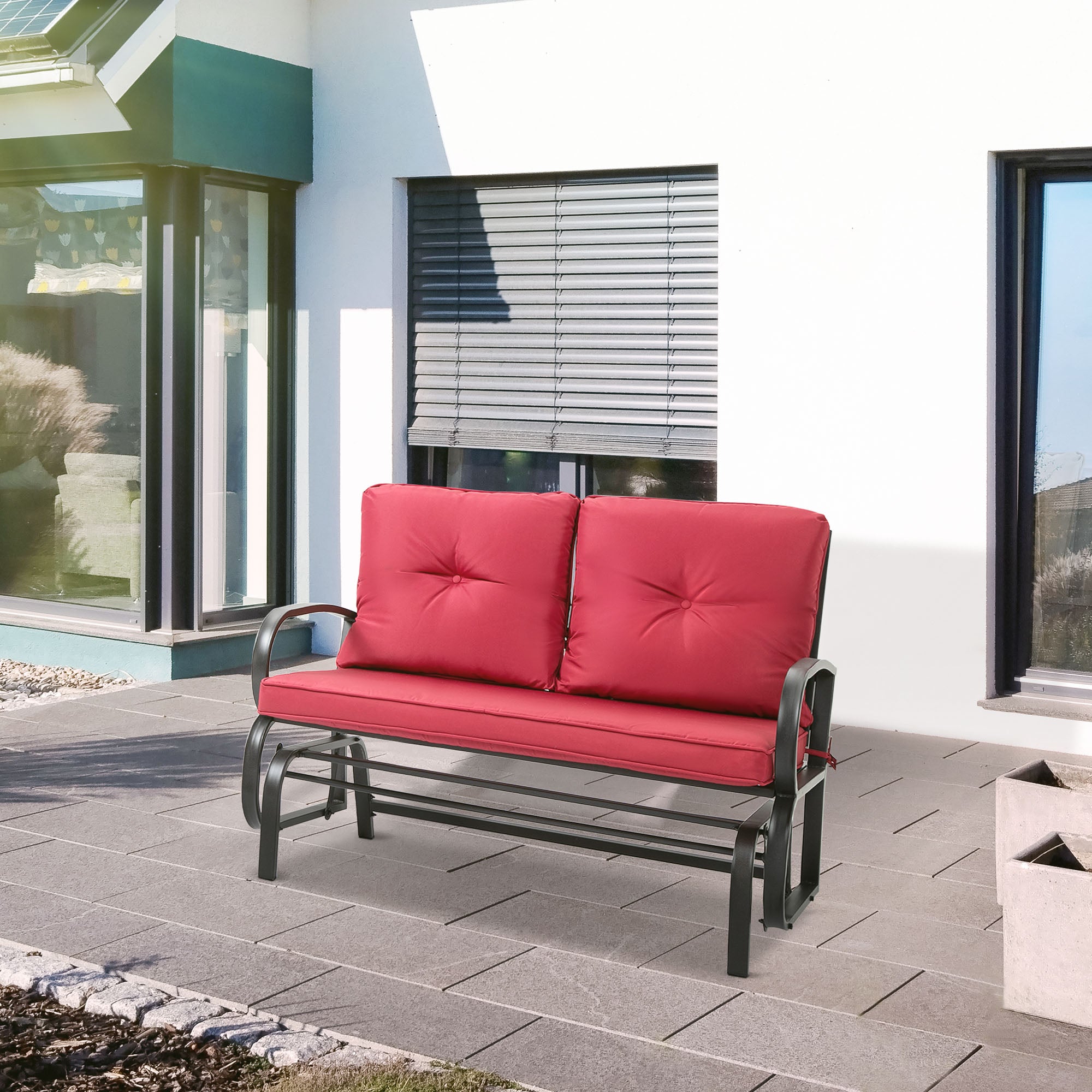 Outsunny 2-Person Outdoor Glider Chair, Patio Double Rocking Loveseat with Steel Frame and Cushions for Backyard, Garden and Porch, Red