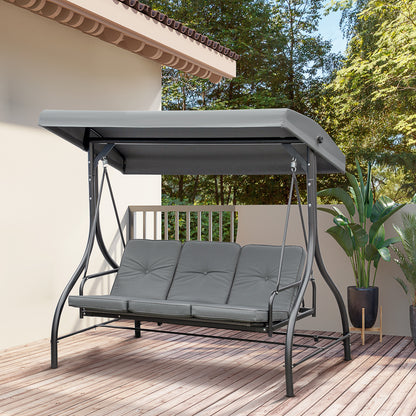 Outsunny Convertible Patio Swing Bed with Canopy and Cushions, 3 Seater Porch Swing for Outdoor, Backyard, Garden, Dark Grey