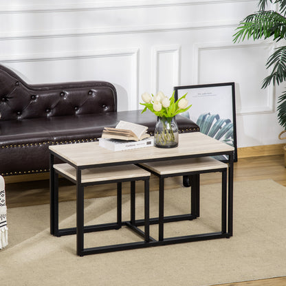 HOMCOM Nesting Coffee Table Set of 3, Modern End Tables with Black Metal Frame for Living Room Home Furniture, Natural