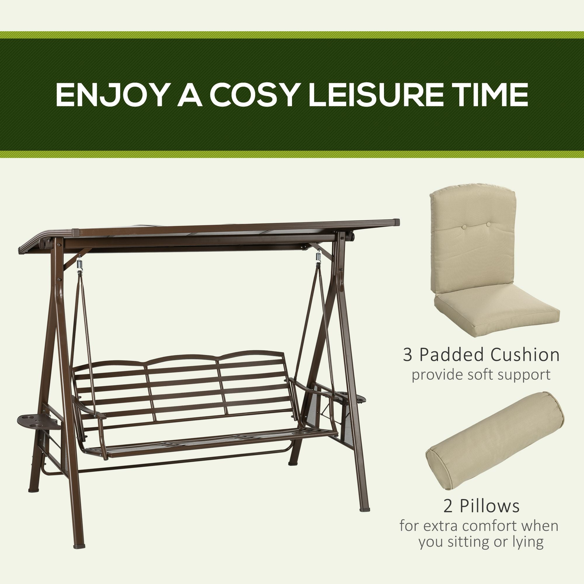 Outsunny 3-Seat Patio Swing Chair, Outdoor Canopy Swing Glider with Cushion, Pillows and Adjustable Polycarbonate Canopy for Porch, Garden, Poolside, Backyard, Khaki