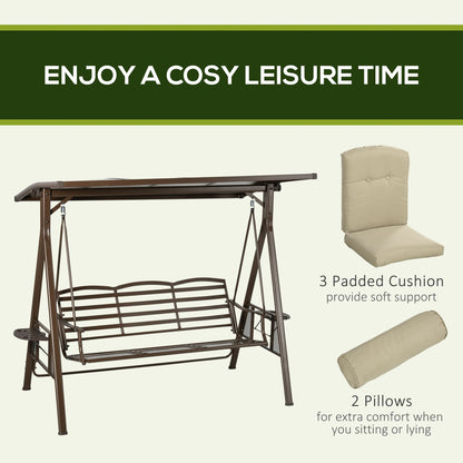 Outsunny 3-Seat Patio Swing Chair, Outdoor Canopy Swing Glider with Cushion, Pillows and Adjustable Polycarbonate Canopy for Porch, Garden, Poolside, Backyard, Khaki