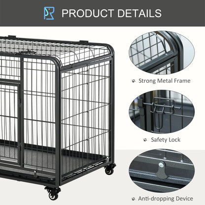PawHut Folding Heavy Duty Dog Crate Heavy Duty Cage for Large Sized Dogs with Double Doors, Lockable Wheels Tray, 43" x 28" x 31"