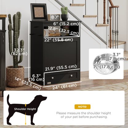 PawHut Pet Feeder Station Storage Cabinet, Dog Food Storage Container with Dog Raised Bowls, Watering Supplies, Black