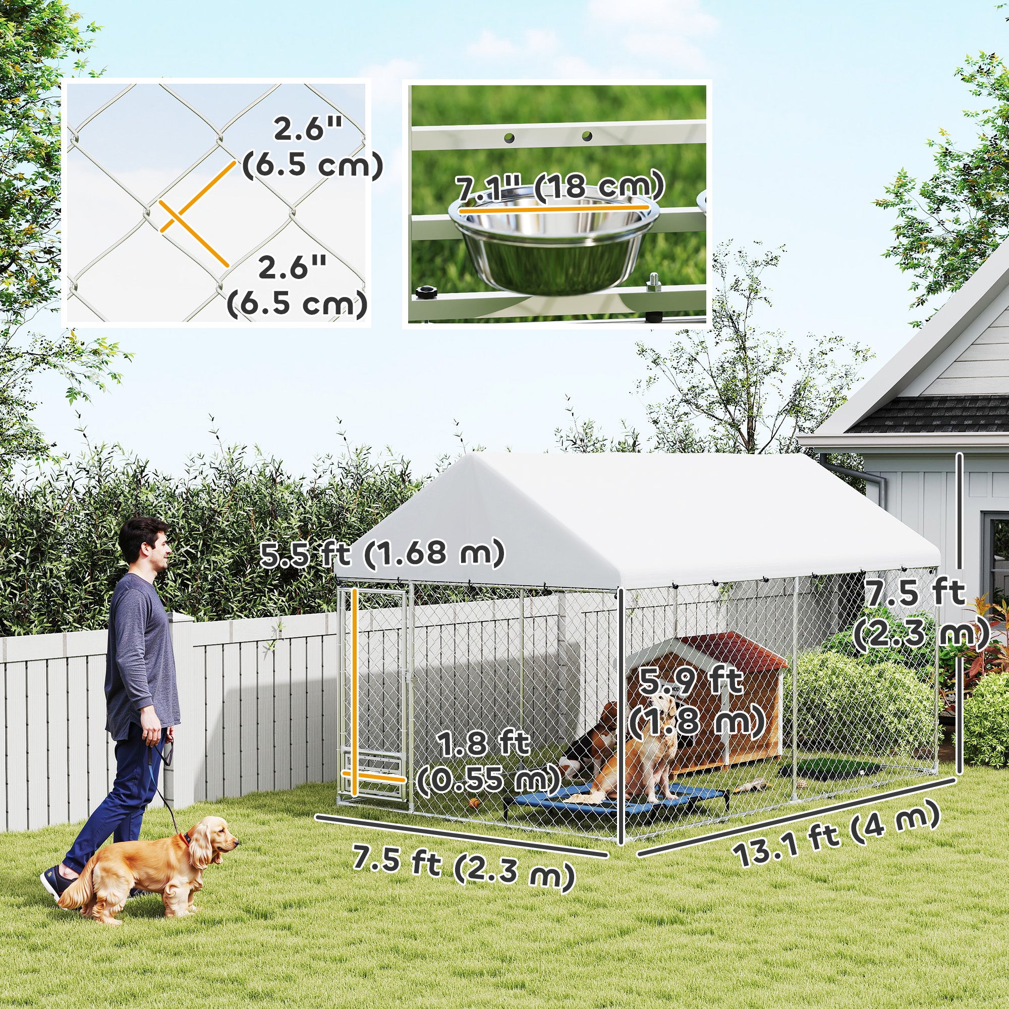 PawHut Outdoor Dog Run with Adjustable & Rotatable Bowls, Waterproof UV-Resistant Cover, Escape-Proof Lock, 13.1' x 7.5' x 7.5'