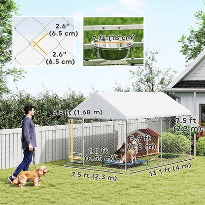 PawHut Outdoor Dog Run with Adjustable & Rotatable Bowls, Waterproof UV-Resistant Cover, Escape-Proof Lock, 13.1' x 7.5' x 7.5'