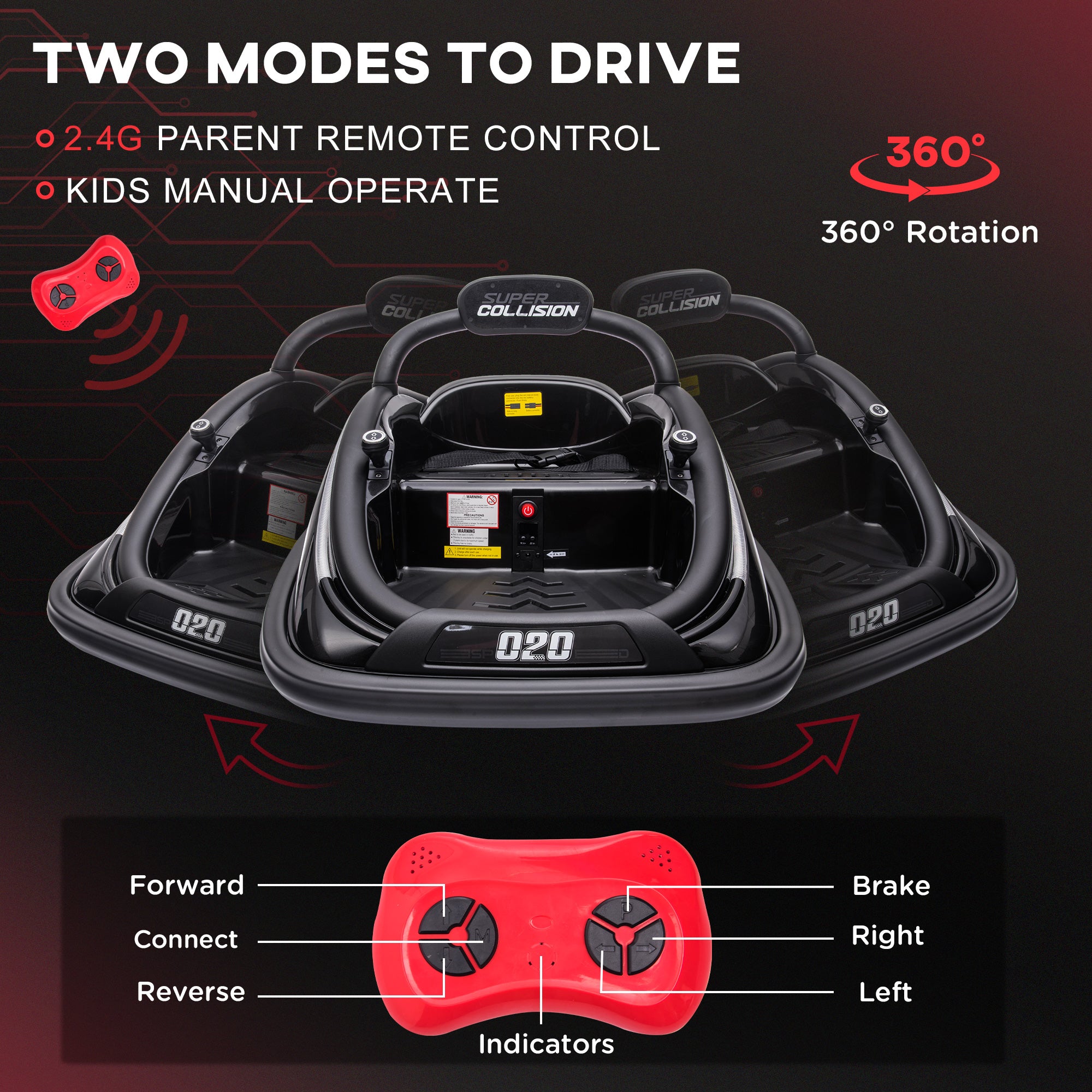 Aosom 12V Kids Bumper Car with Parent Remote Control, Safety Belt, Colorful LED Lights, for Boys and Girls, Black