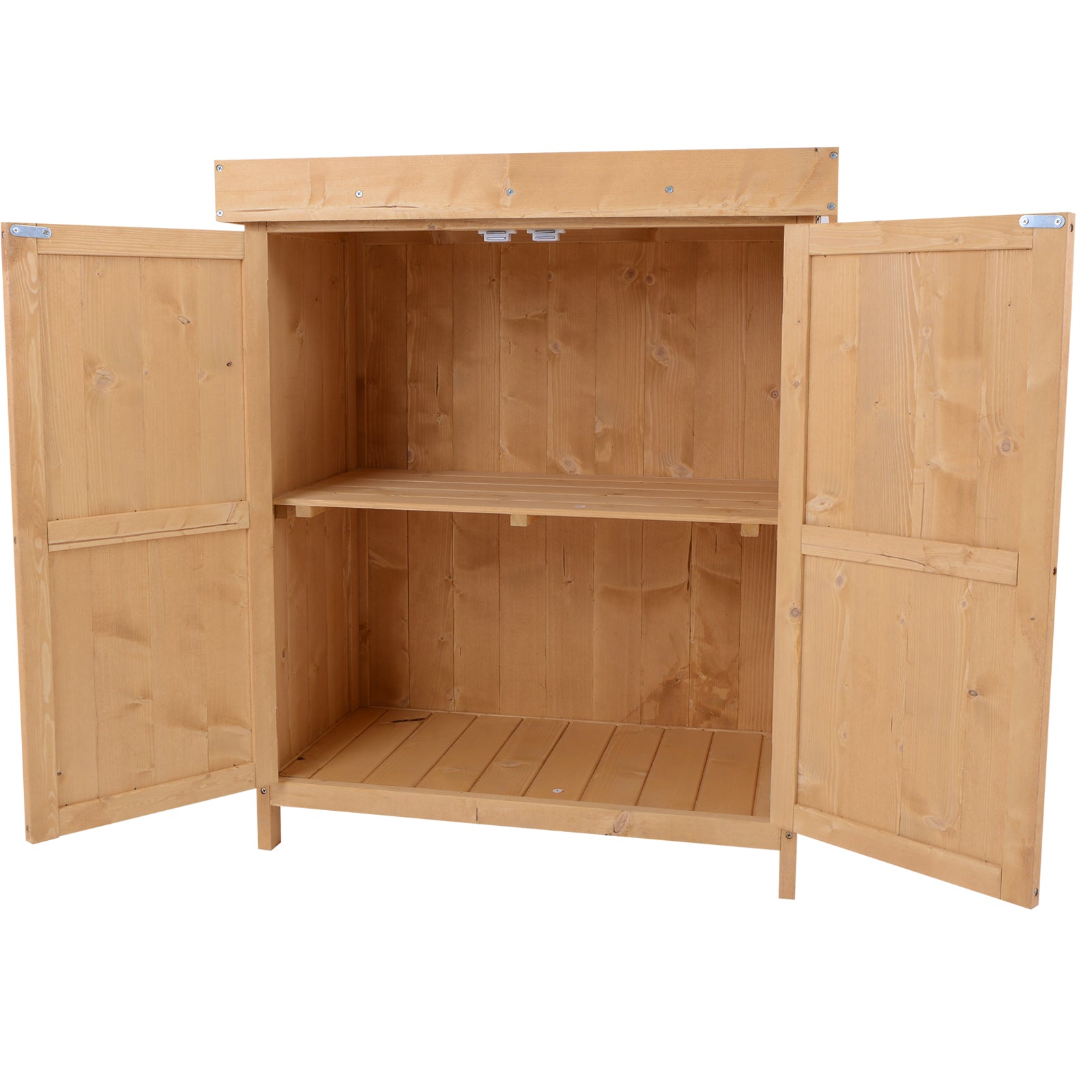 Outsunny Wooden Garden Tool Storage Shed Kit with Hinged Roof, 2-Tier Shelves and Double Doors, 74x43x88cm, Natural Wood