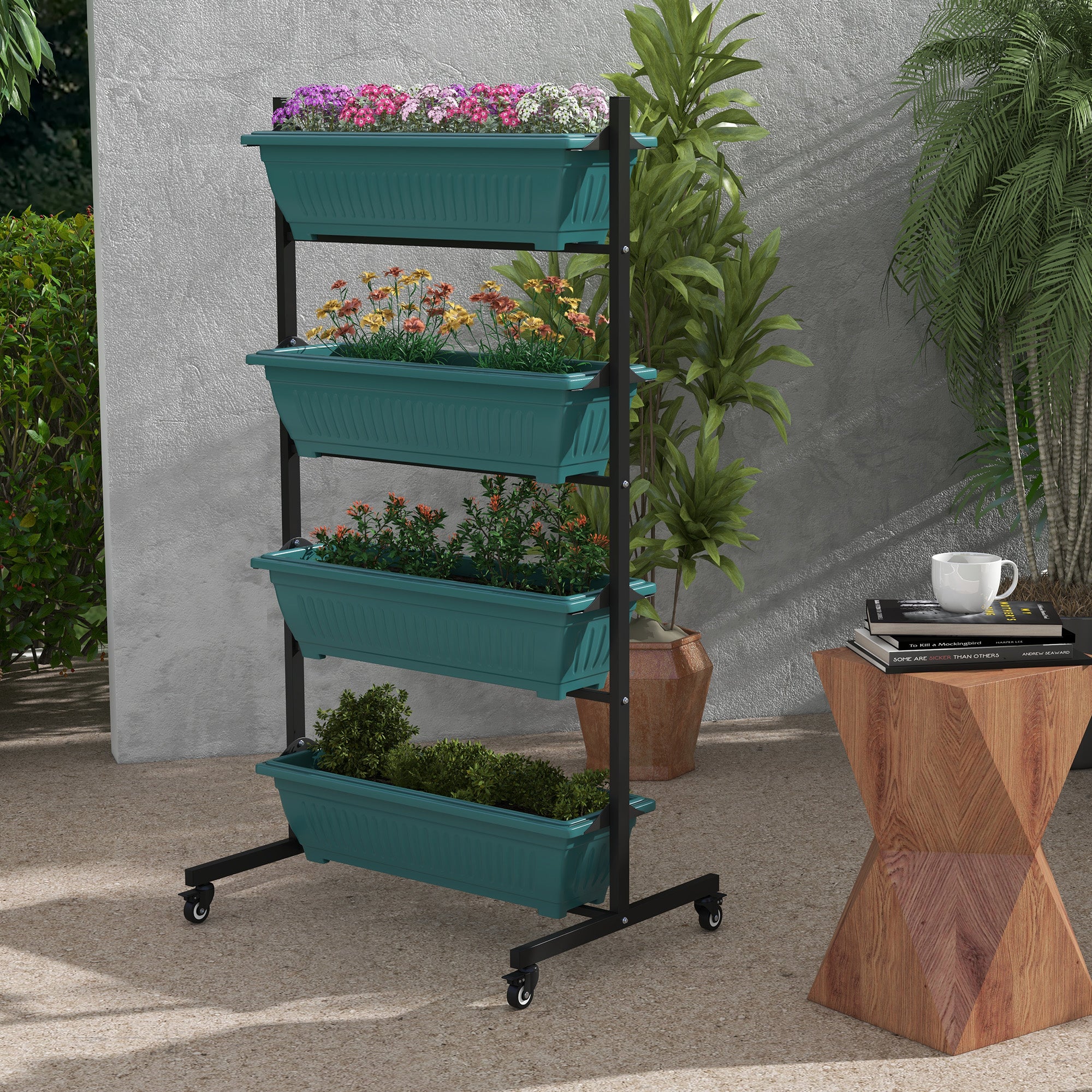 Outsunny 4-Tier Vertical Raised Garden Planter with 4 Boxes, Wheels, Outdoor Plant Stand for Vegetable Flowers, Green