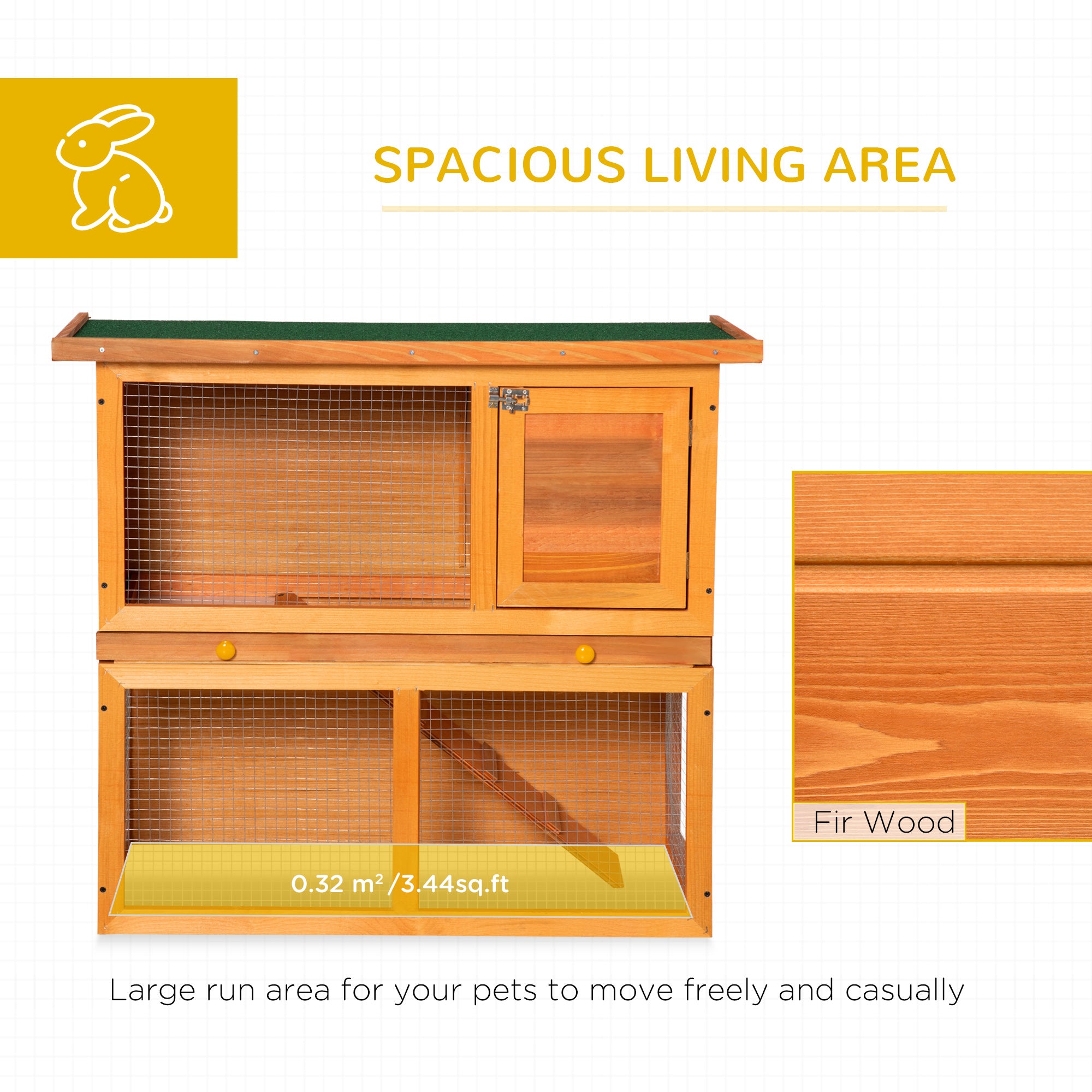 PawHut Wooden Rabbit Hutch Small Animal House Cage 2-Level w/ Run Backyard