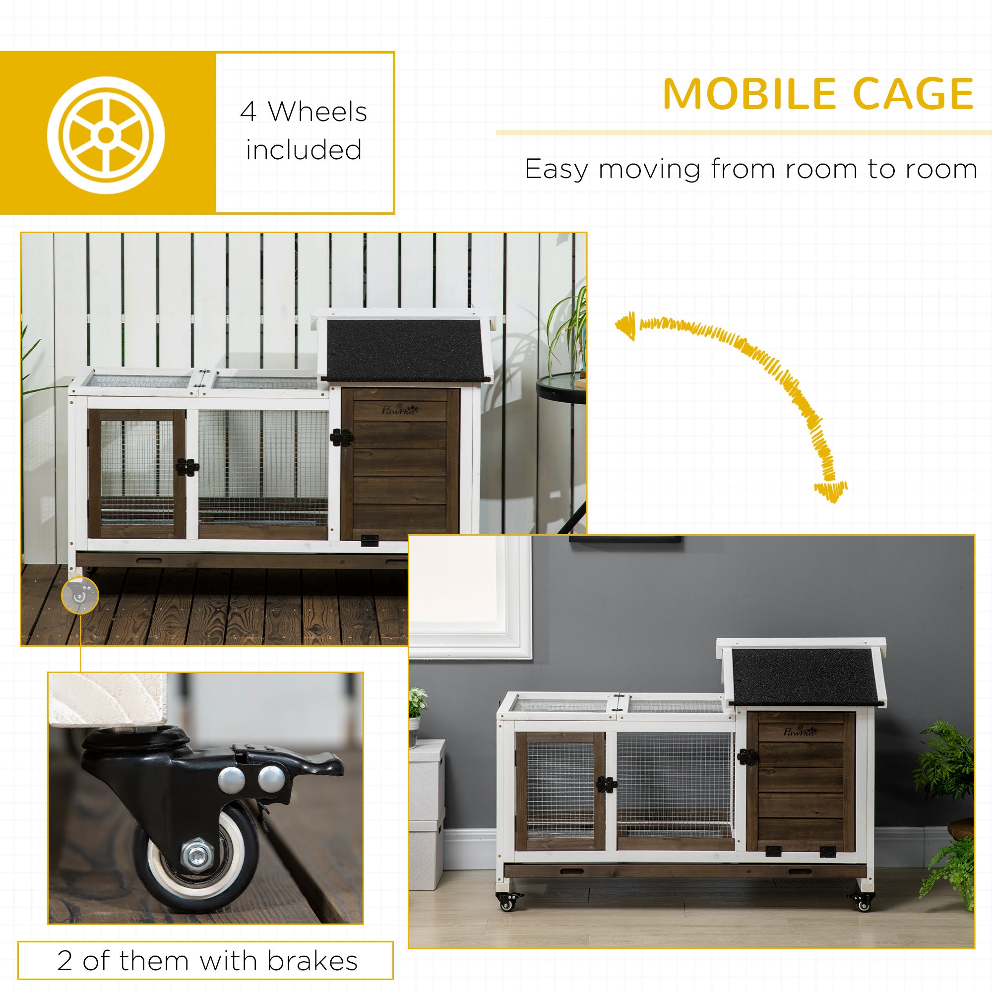 PawHut Rabbit Cage with Wheels, Ramp, Run, Tray for Indoor Outdoor, Suitable for Rabbit, Guinea Pig, Coffee