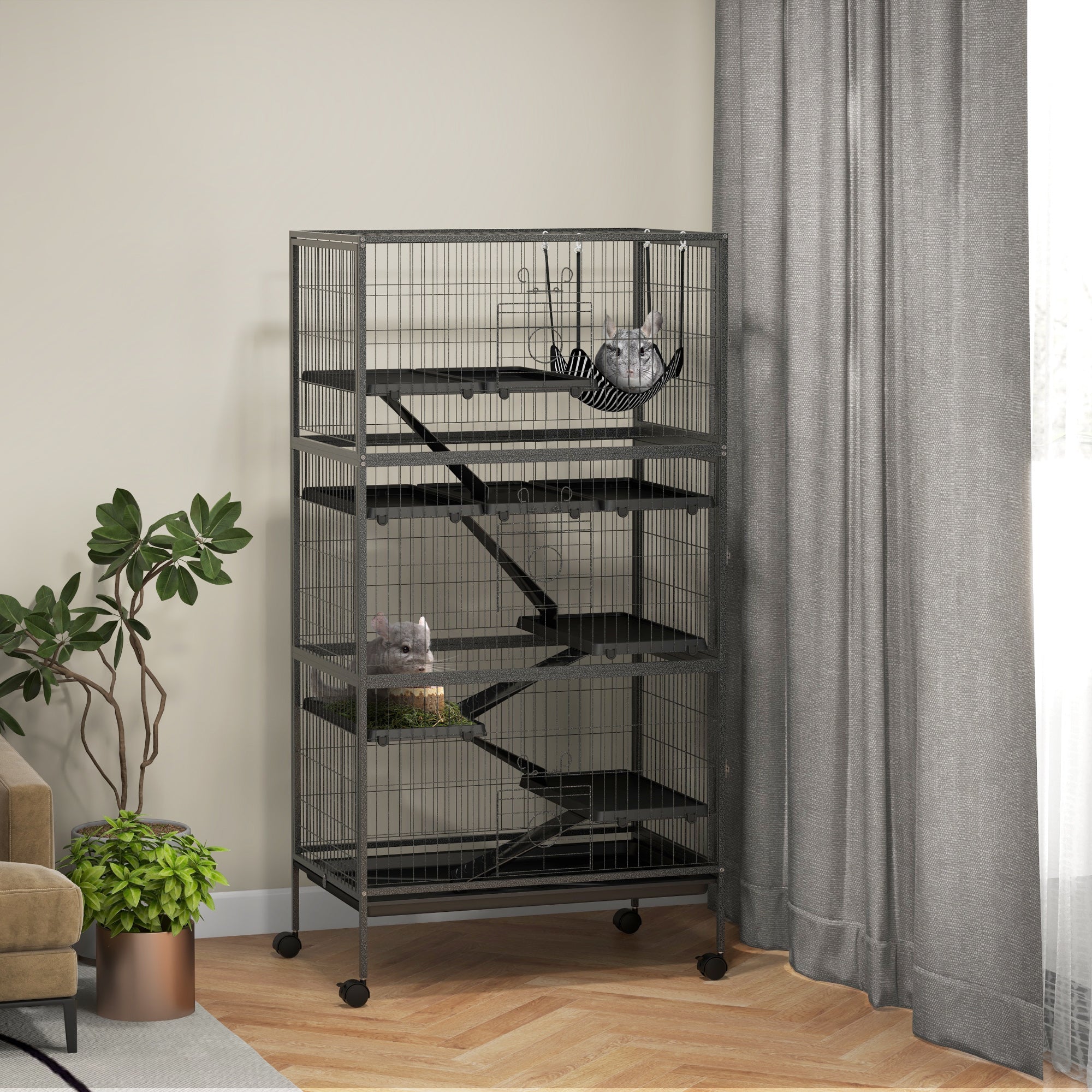 PawHut 6-Tier Rolling Small Animal Cage, Deluxe Rabbit Cage, Ferret Cage for Mink Chinchilla Kitten Rabbit Charcoal Grey