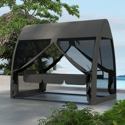 Outsunny 3-Seater Outdoor Swing Chair Chaise Lounger Bed Garden Hammock with Steel Stand, Canopy Netting Walls, Dark Grey