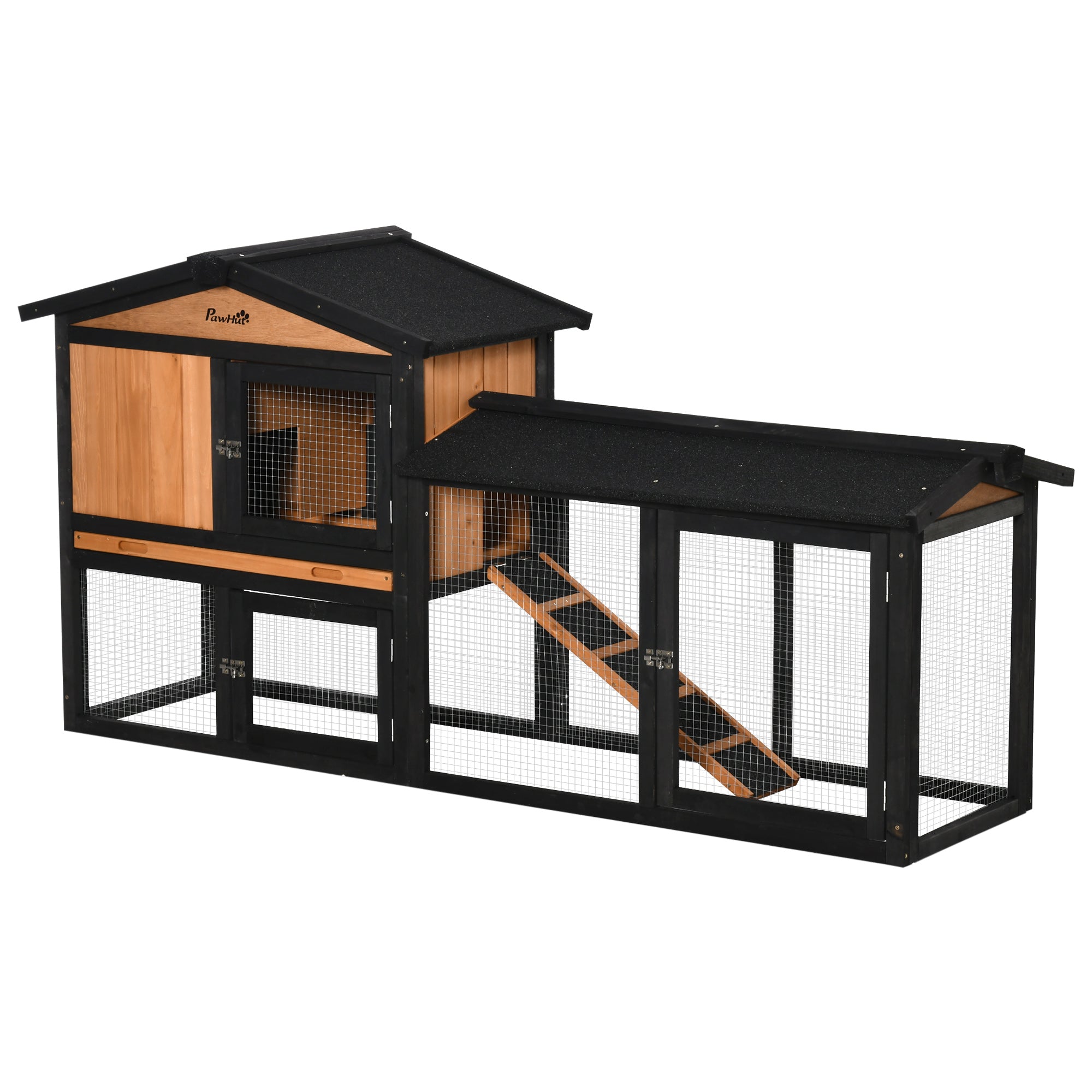 PawHut 69" Wooden Rabbit Hutch Pet Playpen Bunny House Enclosure with Run Box, Slide-out Tray, Ramp, for Rabbits and Small Animals, Black