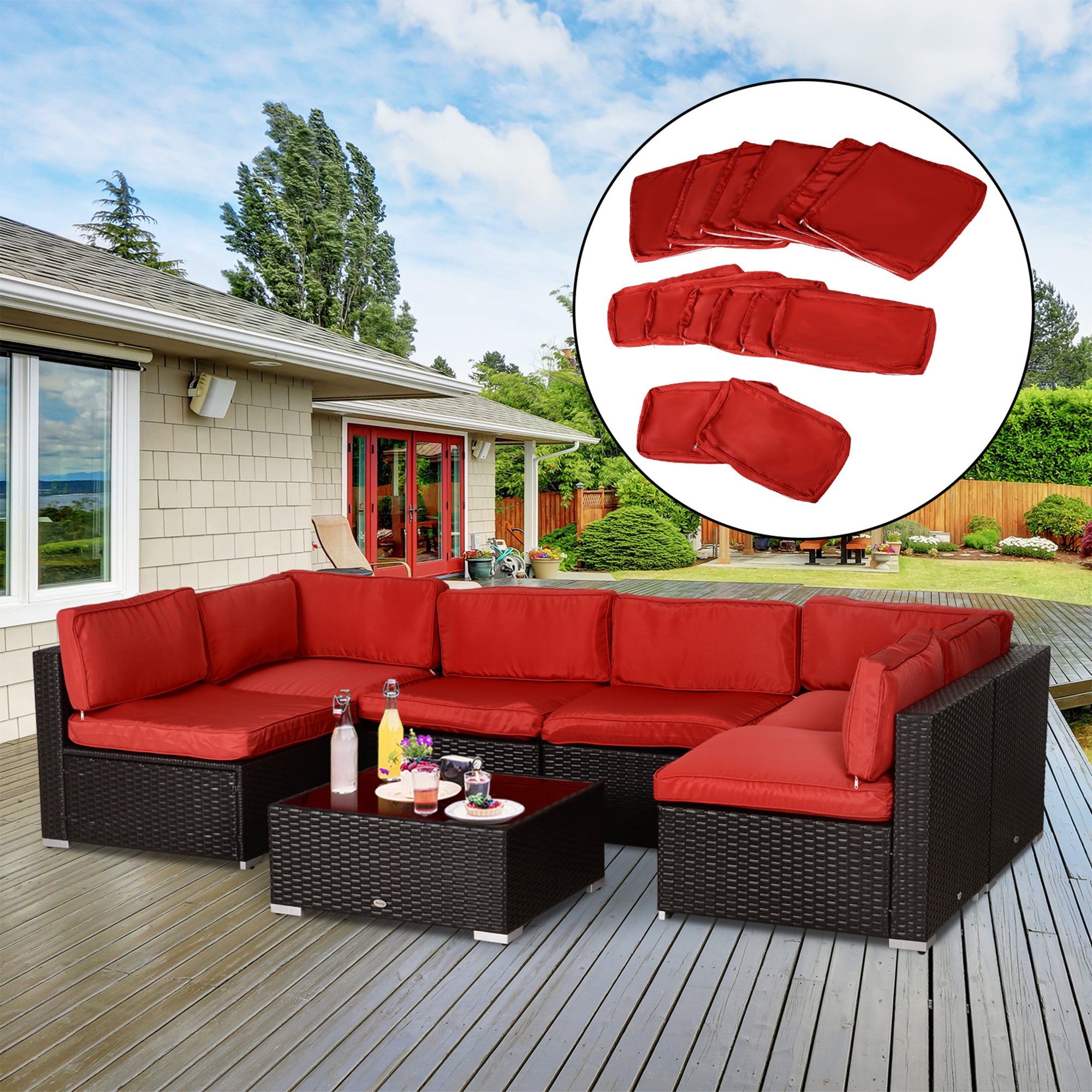 Outsunny Outdoor 14pc Patio Rattan Sofa Set Cushion Polyester Cover Replacement Set - No Cushion Included Red