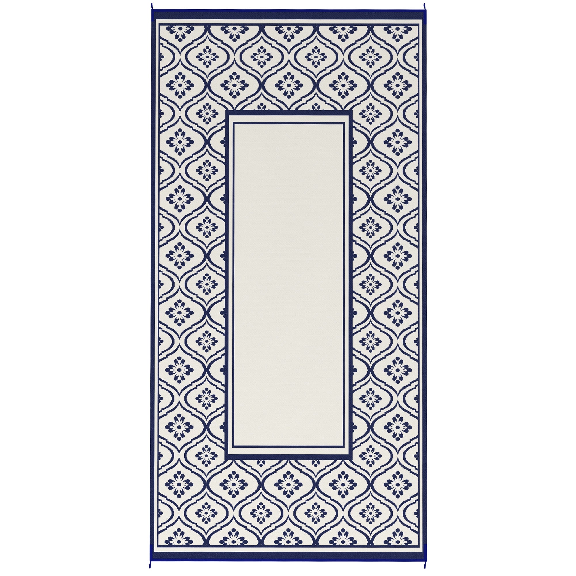 Outsunny 9' x 18' Outdoor RV Rug, Reversible Patio Floor Mat with Carry Bag, Gourd Border, Blue and White