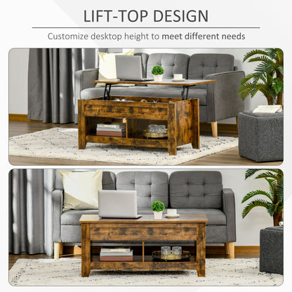 HOMCOM Lift Top Coffee Table with Hidden Storage Compartment and Open Shelves, Lift Tabletop Pop-Up Center Table for Living Room, Brown
