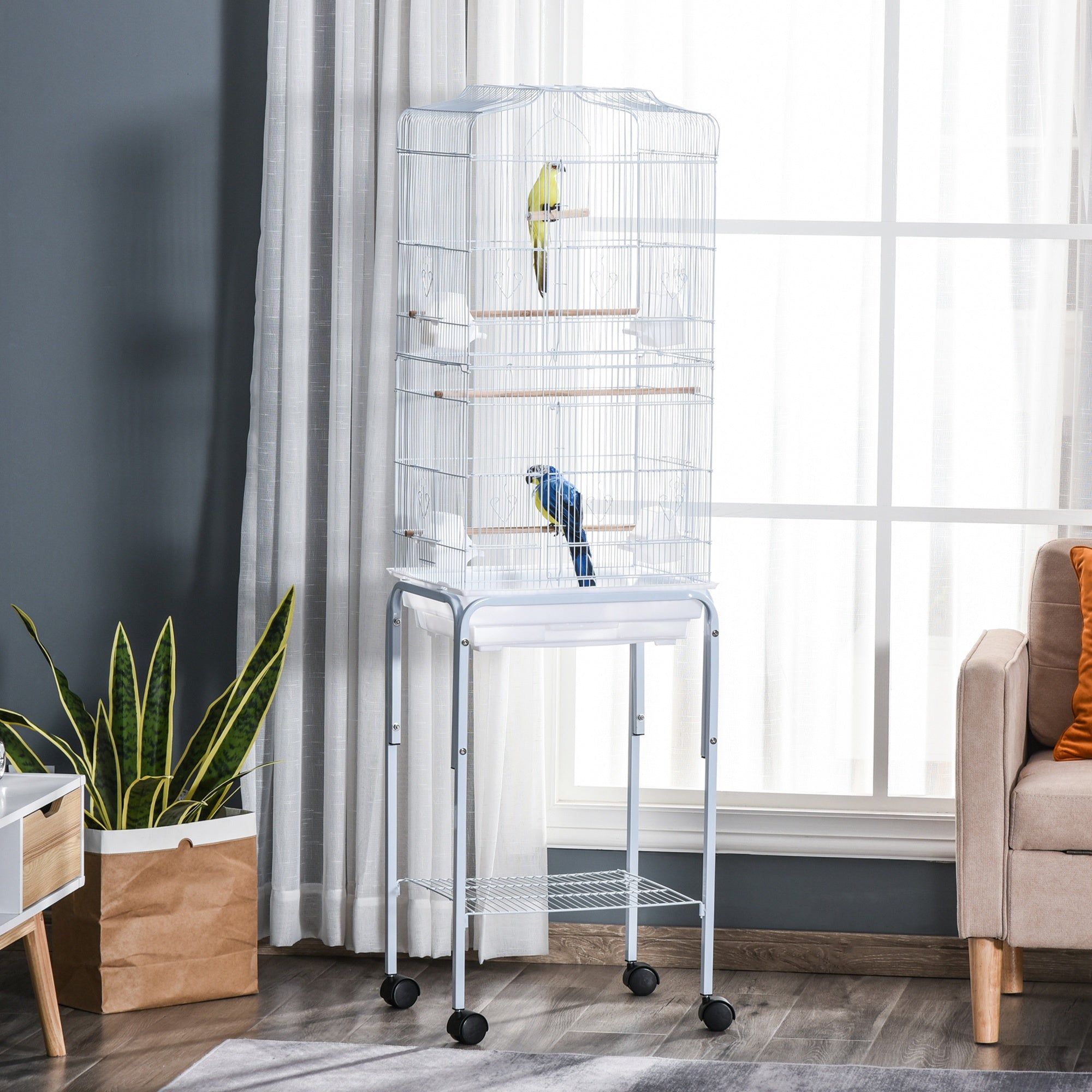 PawHut 62" Rolling Bird Cage Cockatoo House Play Top Finch Pet Supply with Storage Shelf, Wheels - White