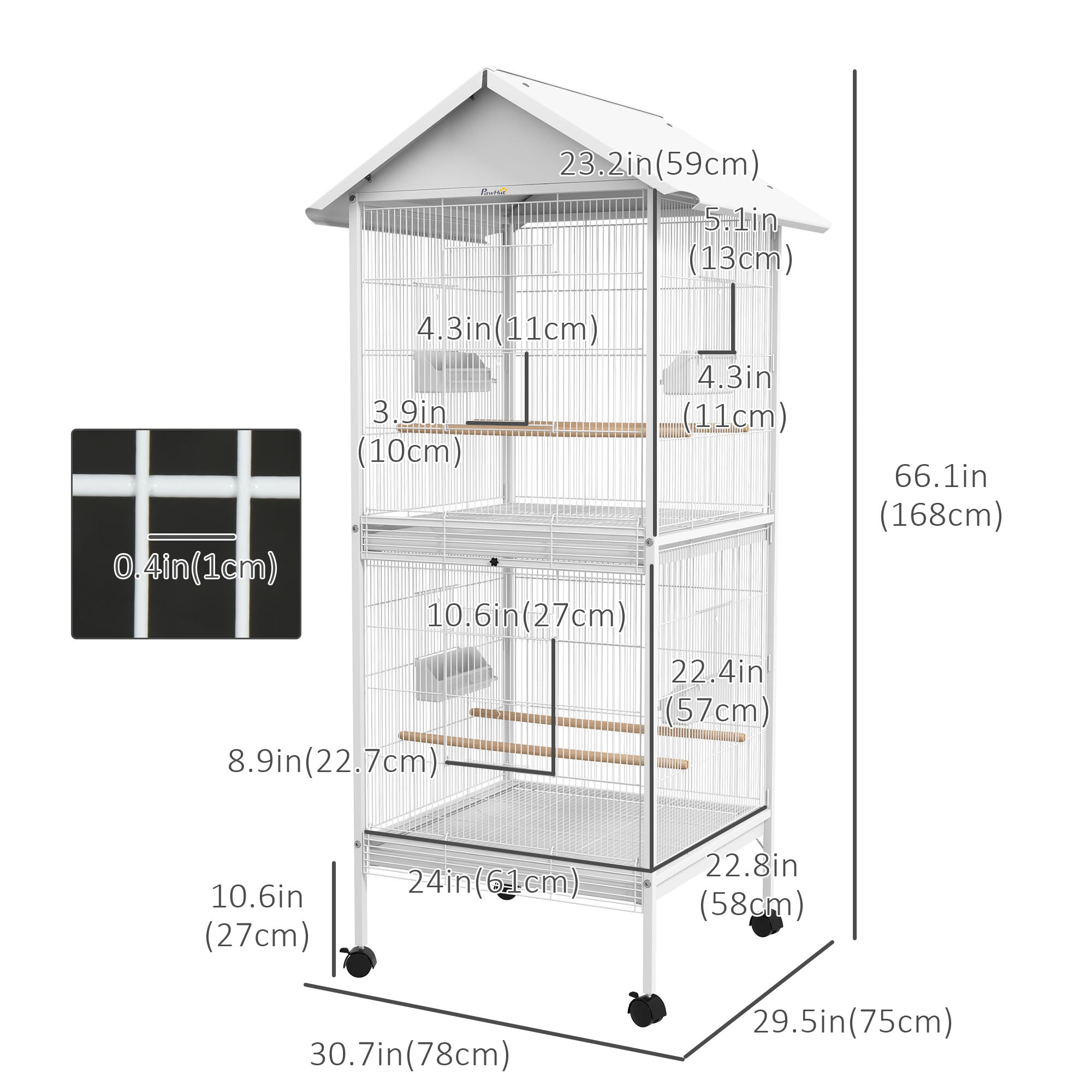 PawHut Wrought Metal Bird Cage Feeder with Rolling Stand Perches Food Containers Doors Wheels 67" H, White