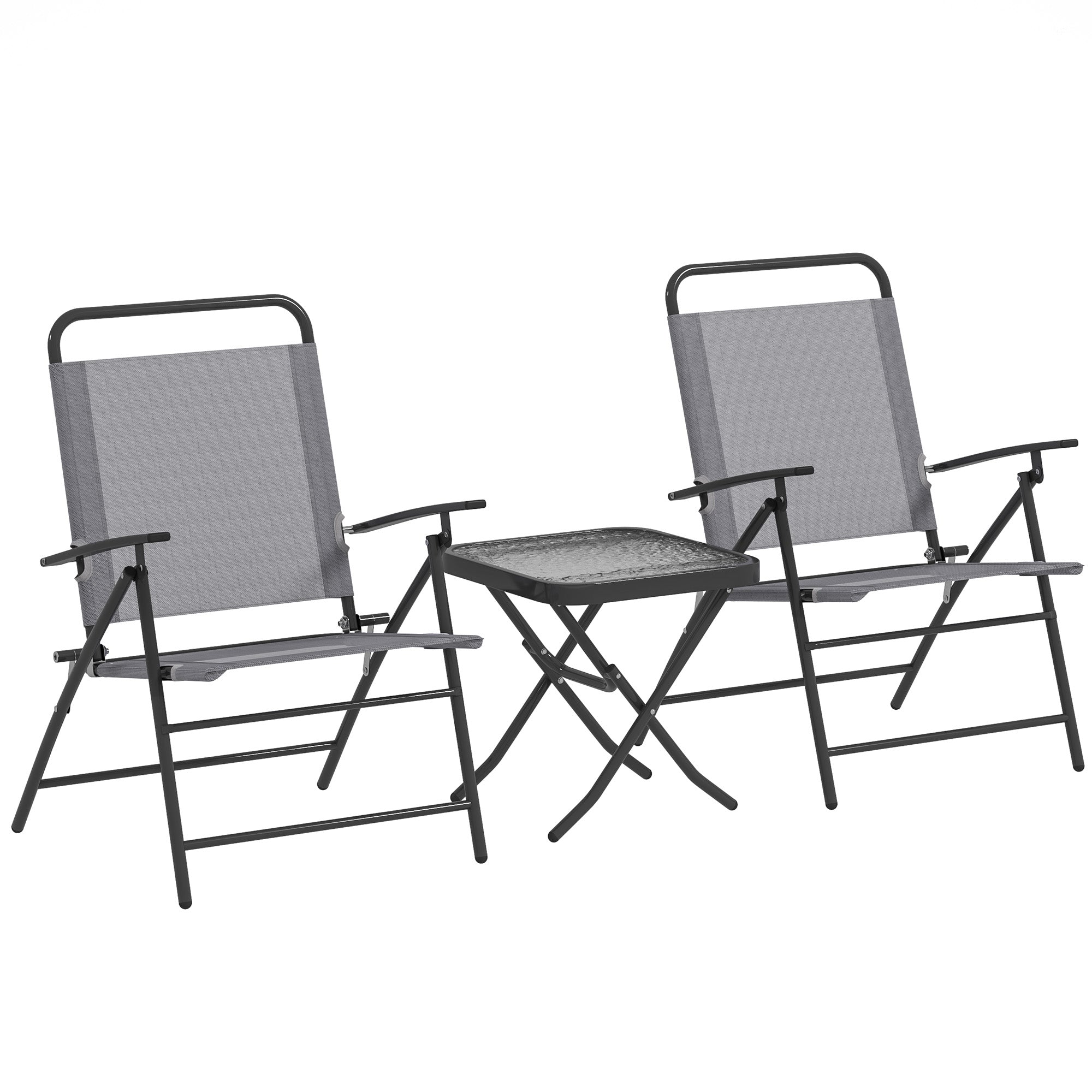 Outsunny Folding Bistro Set, Small Patio Set with Back Adjustable Chairs and Glass Top Table for Garden, Balcony, Porch, Grey