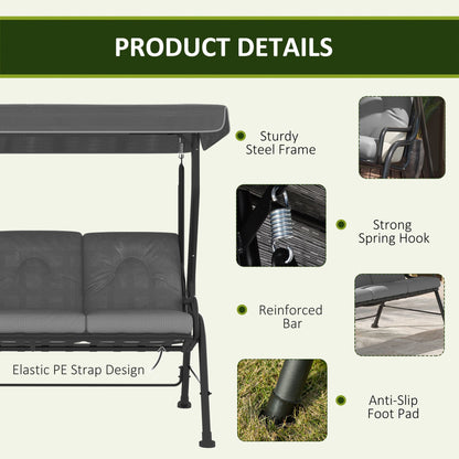 Outsunny 3-Person Patio Swing Chair with Canopy 3 Seater Porch Swing for Garden, Backyard, Poolside, Light Grey