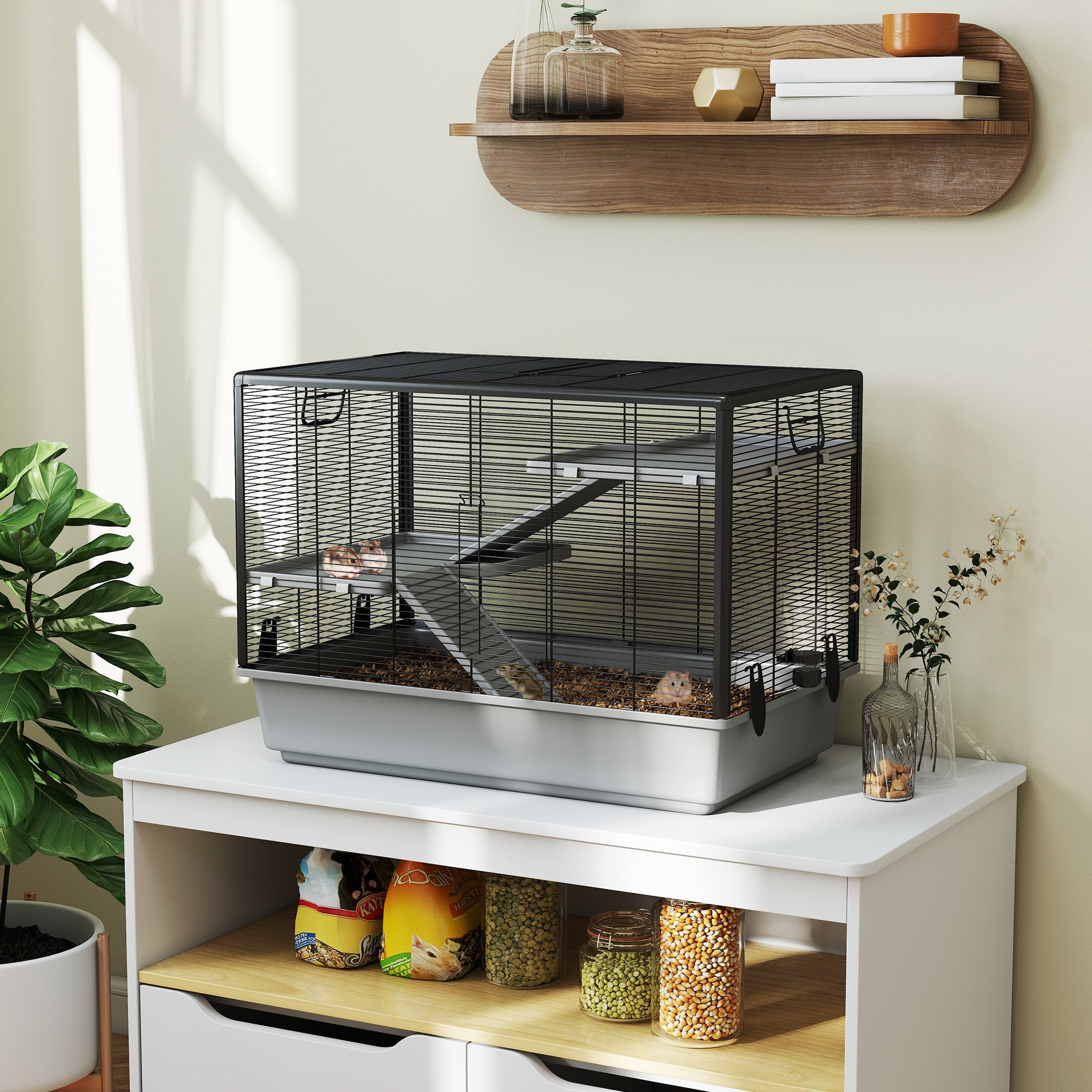PawHut 3-tier Hamster Cage, Guinea Pig Cage with Accessories Food Dish Water Bottle, Ramps, 31.5"x19"x 23", Grey