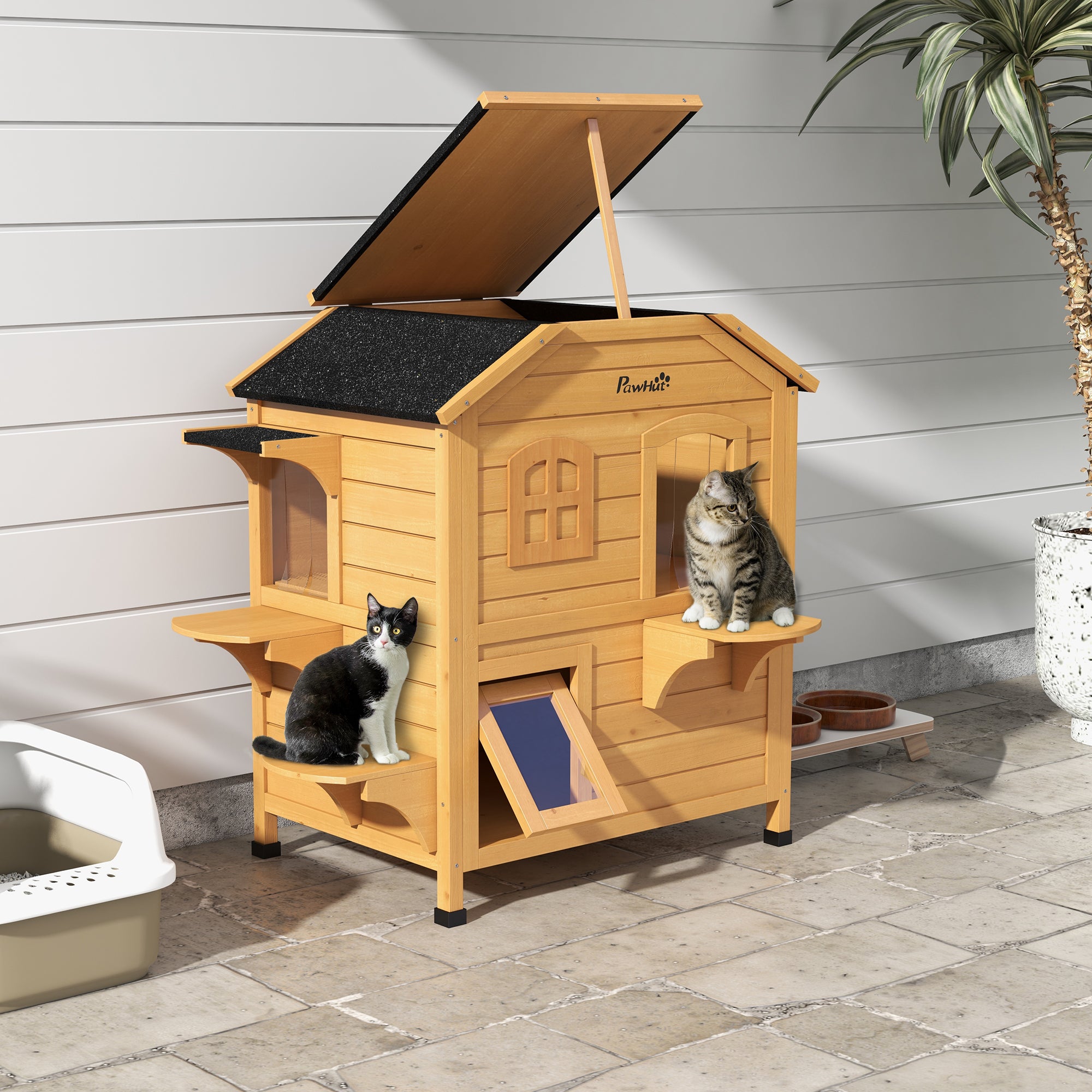 PawHut 2-Storey Outdoor Cat House, Wooden Catio with Openable Roof, Lounge Space, Fun Entrances, for Feral Cats, Yellow
