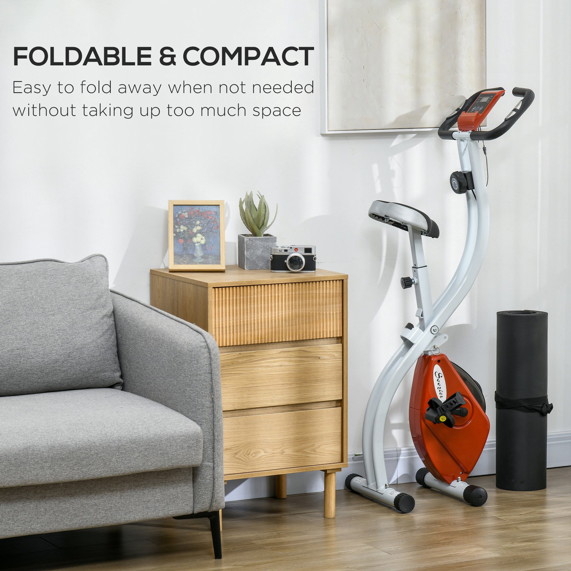 Soozier Foldable & Quiet Exercise Bike with 8-Level Magnetic Resistance, Pulse Sensor, Wheels and LCD Monitor, Red