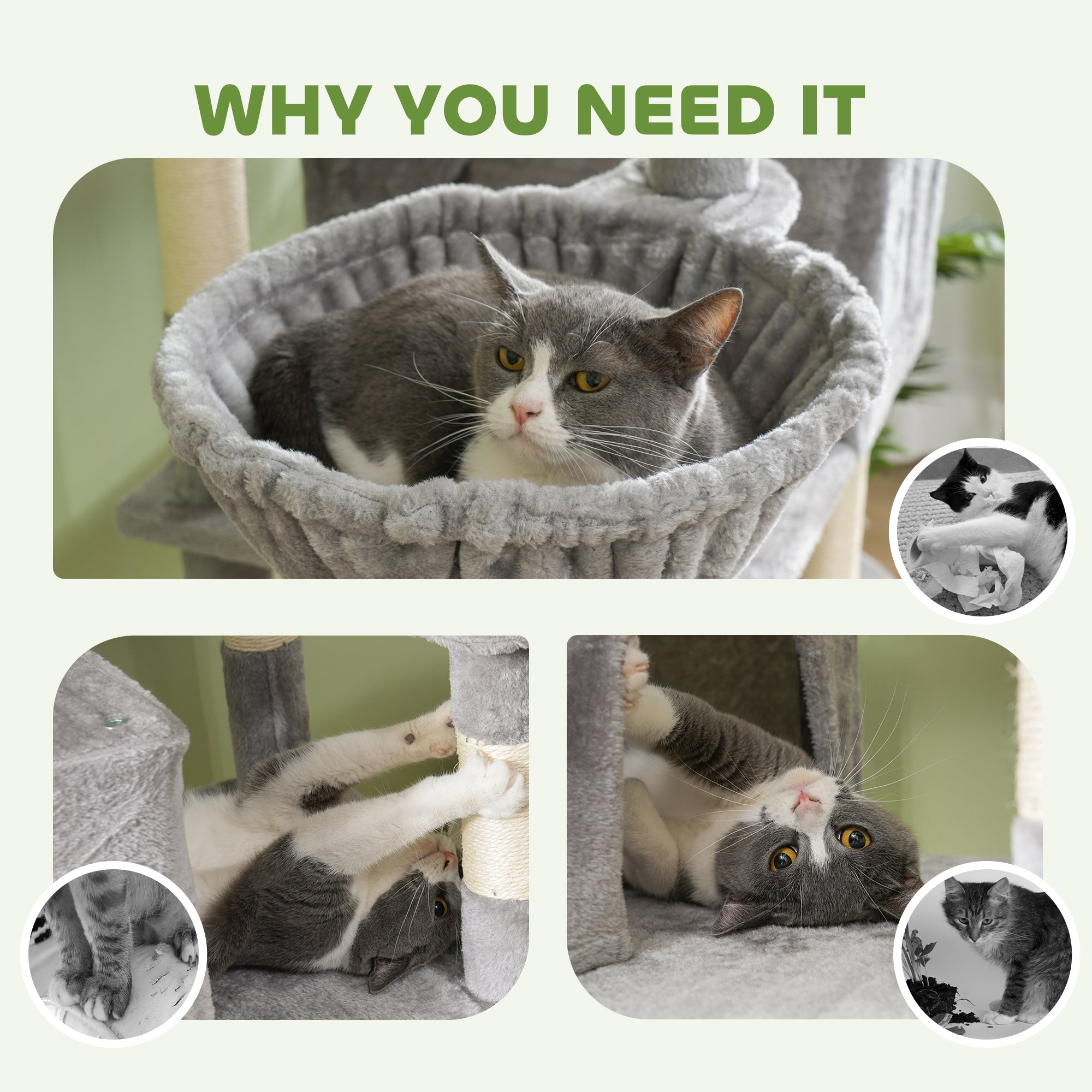PawHut 81" Large Cat Tree w/ Scratching Posts, Condos, Beds, Hammocks, Jumping Platforms, Toy Balls, Rope Cat Toy, Light Grey