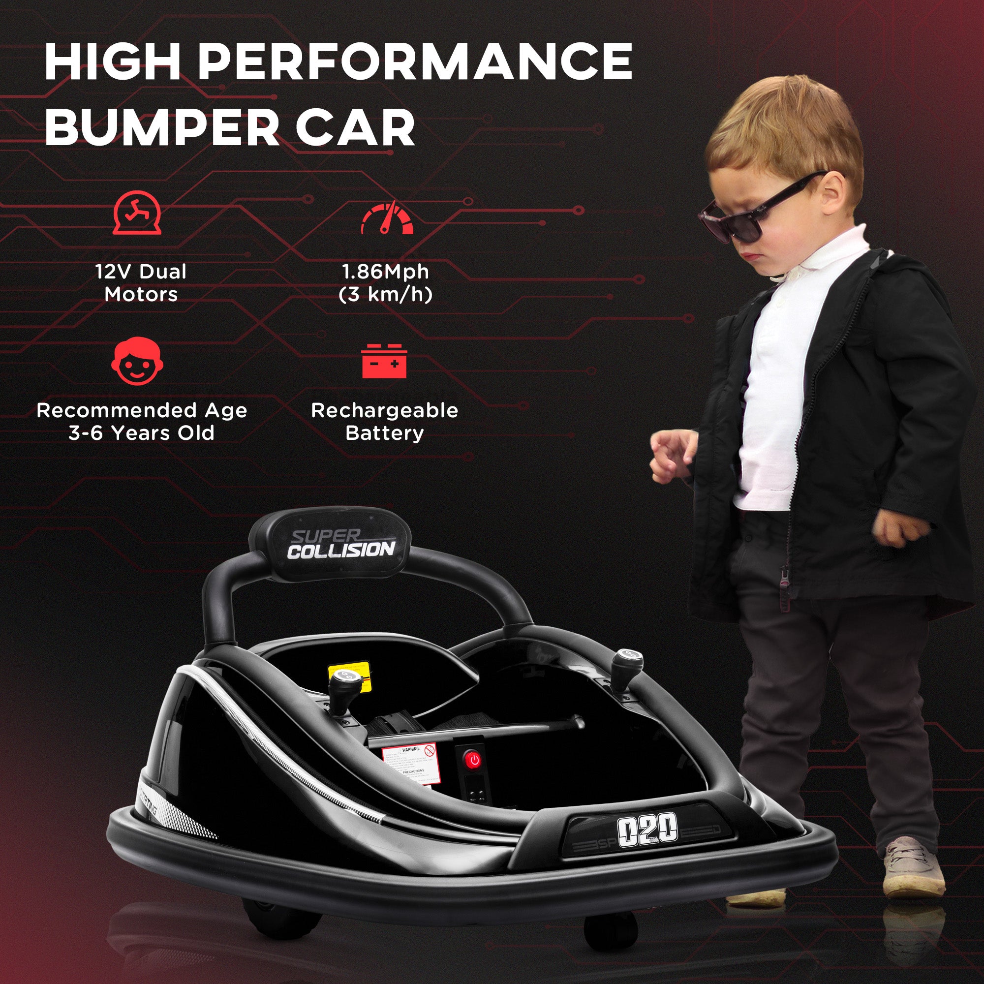 Aosom 12V Kids Bumper Car with Parent Remote Control, Safety Belt, Colorful LED Lights, for Boys and Girls, Black
