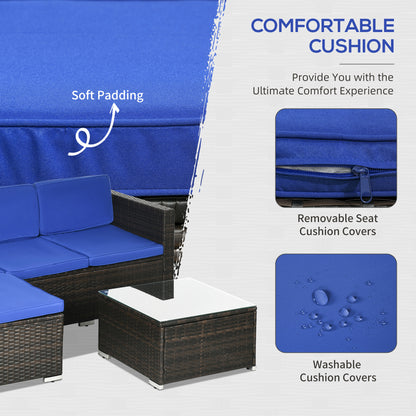 Outsunny 3 Pieces Patio Furniture Set with Cushions, Outdoor PE Rattan Wicker Conversation Corner Sofa Set with Glass Top Table and Adjustable Foot for Garden, Lawn, Blue