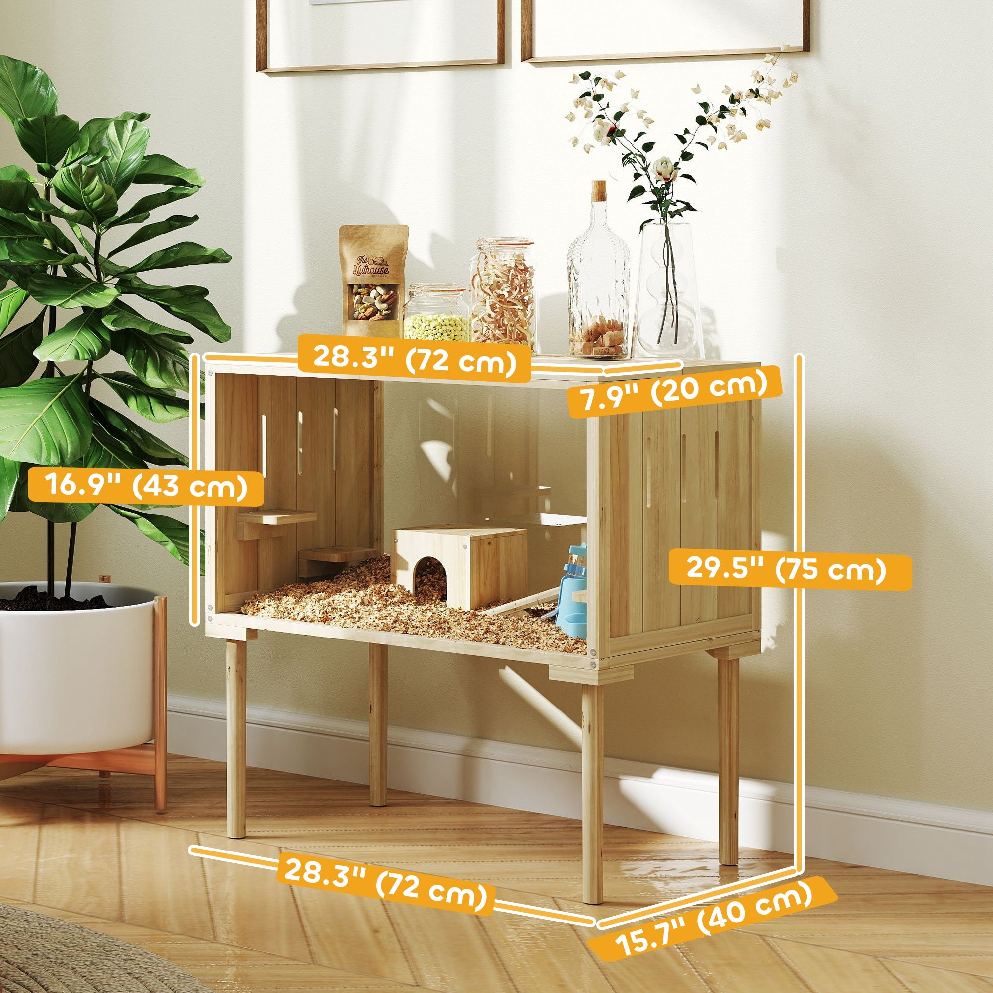 PawHut 28"L Wooden Hamster Cage with Seesaw, Water Bottle, Food Dish, Hut, Transparent Panel for Easy Observe, Nature Wood