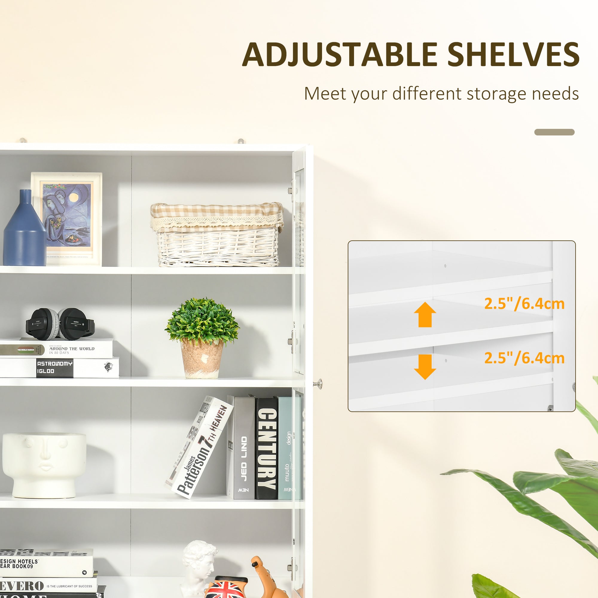 HOMCOM Bookcase Storage Cabinet with Doors, Modern Tall Bookshelf with 2 Adjustable Shelves, Display Unit for Study, Living Room, Home Office, White