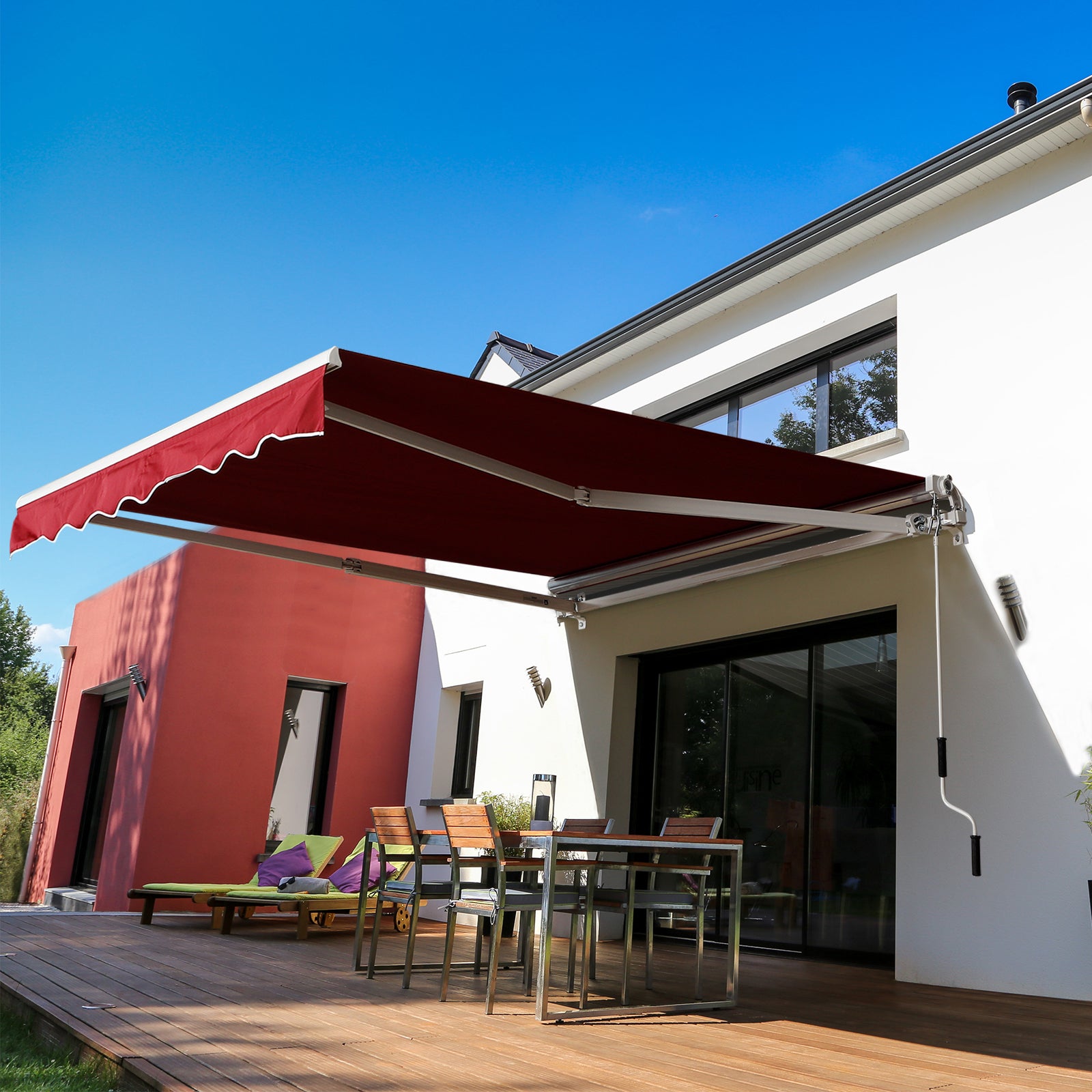 Outsunny 8'x7' Patio Awning Manual Retractable Sun Shade Outdoor Deck Canopy Shelter, Wine Red