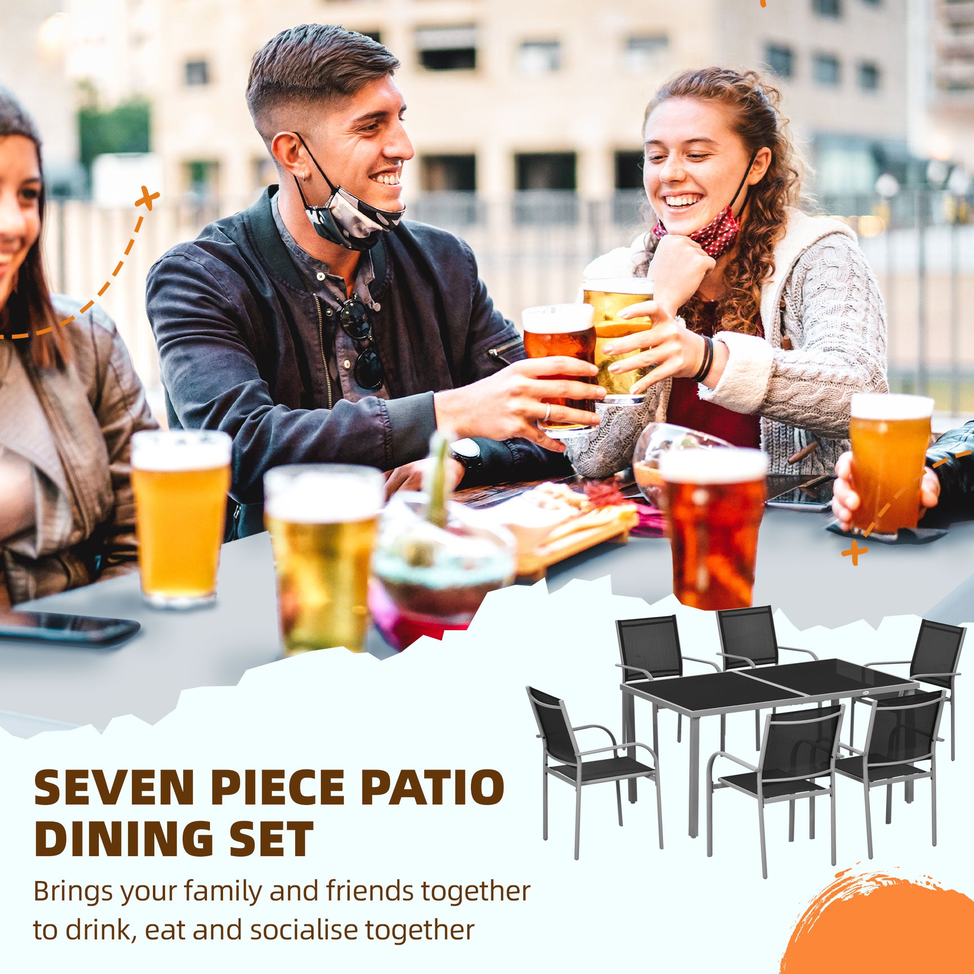Outsunny 7 Piece Outdoor Patio Dining Set with Table and 6 Stackable Chairs, Steel Frame, Tempered Glass Top, Mesh Seats, Black