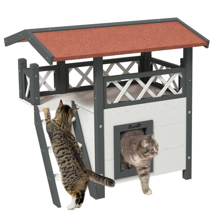 PawHut Wooden 2-Story Shelter for Feral Cats with Asphalt Roof, Stairs, Balcony, 30" x 20" x 29", White