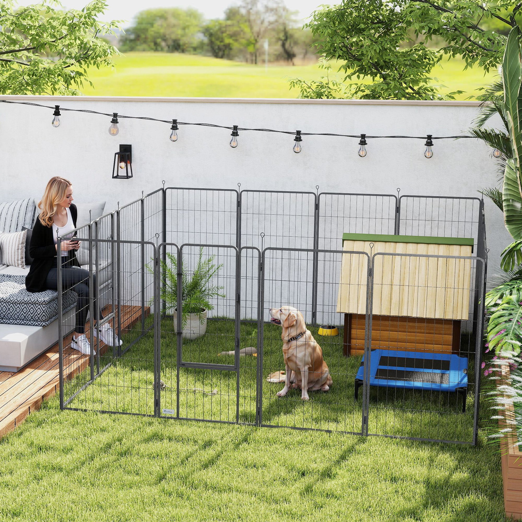 PawHut 16 Panels Dog Playpen with Strap, Portable & DIY, for Large Dogs, for Yard, RV, Camping, Garden, 47" Height